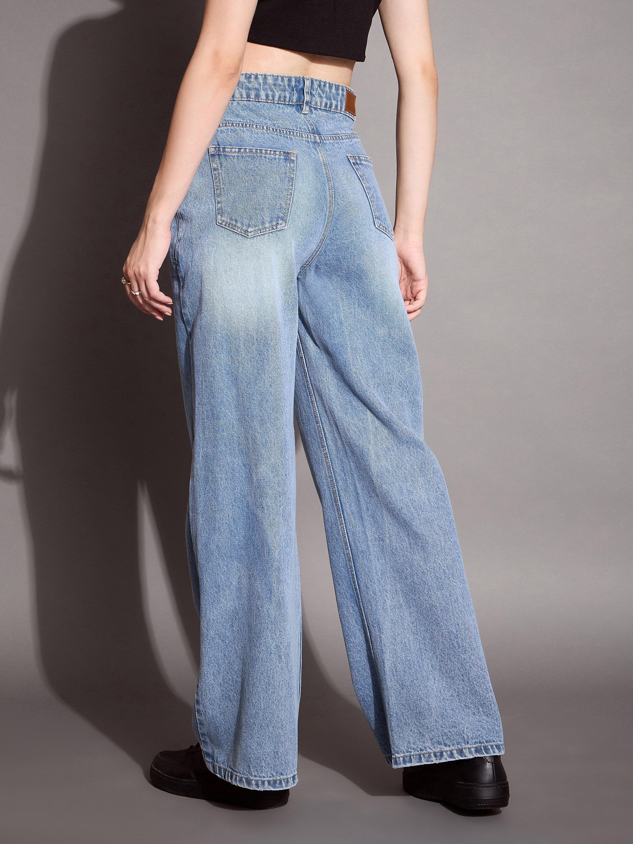 Women Blue High Waist Wide Leg Jeans - Image 5