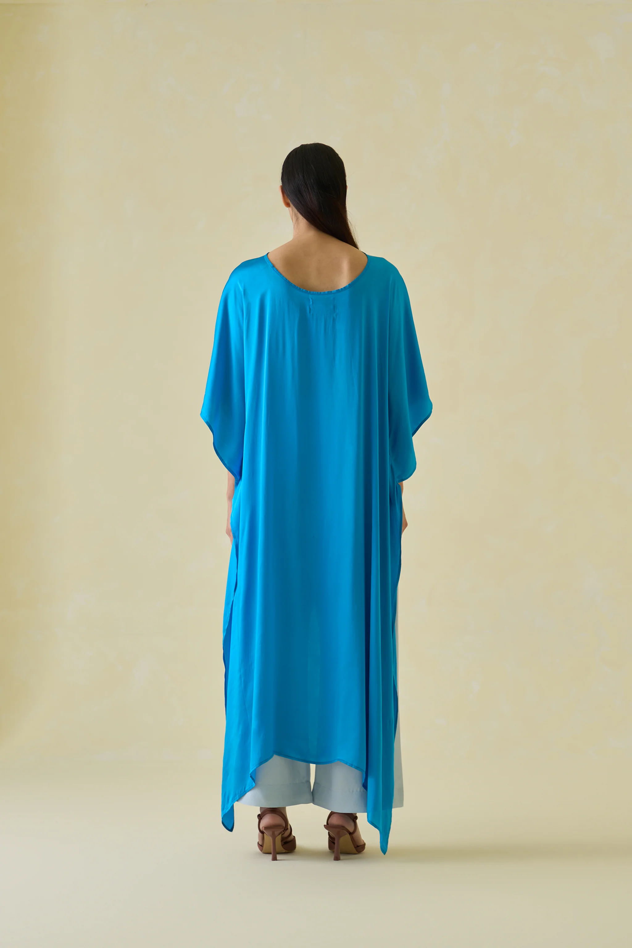 Women Blue High Low Silk Kaftan Top - Image 2