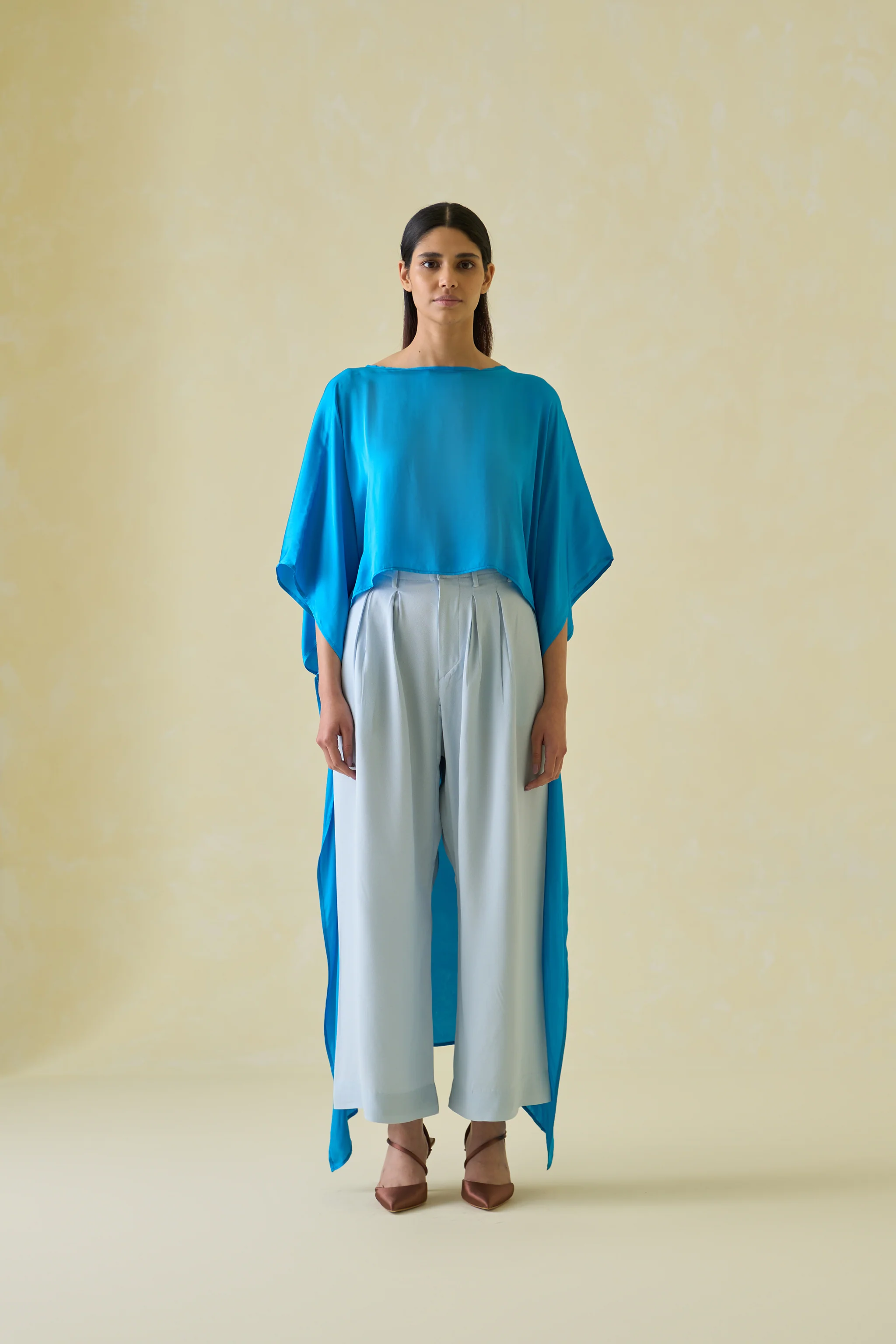 Women Blue High Low Silk Kaftan Top - Image 3