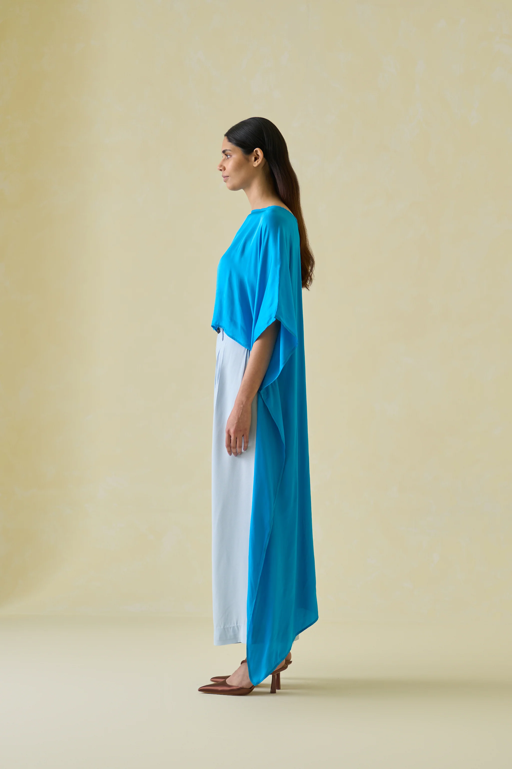 Women Blue High Low Silk Kaftan Top - Image 4