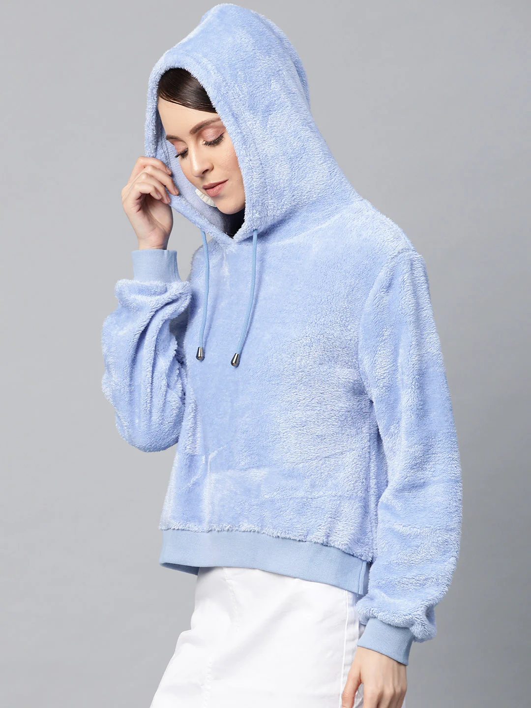 Women Blue Hooded Faux Fur Sweatshirt - Image 2