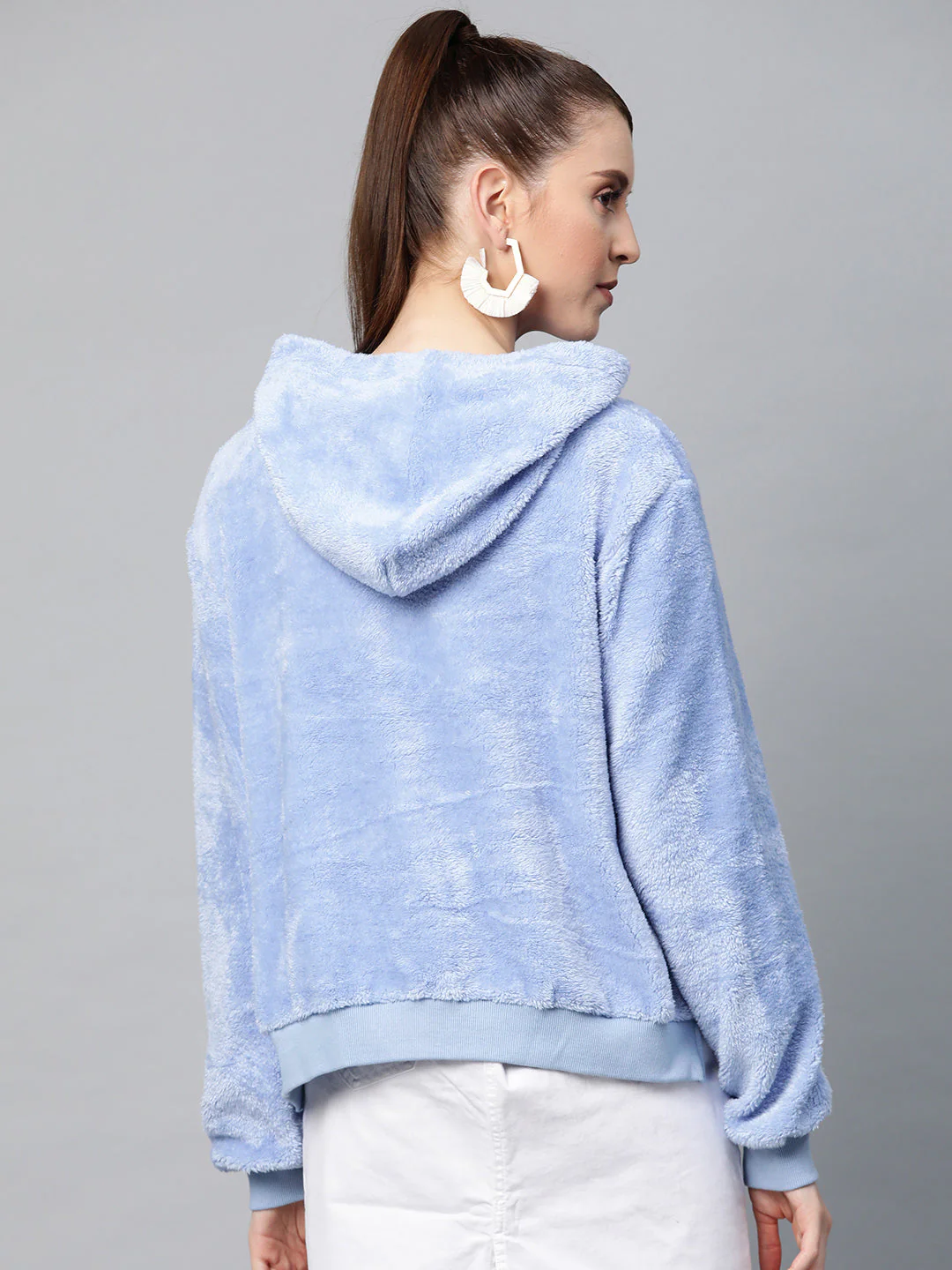 Women Blue Hooded Faux Fur Sweatshirt - Image 3