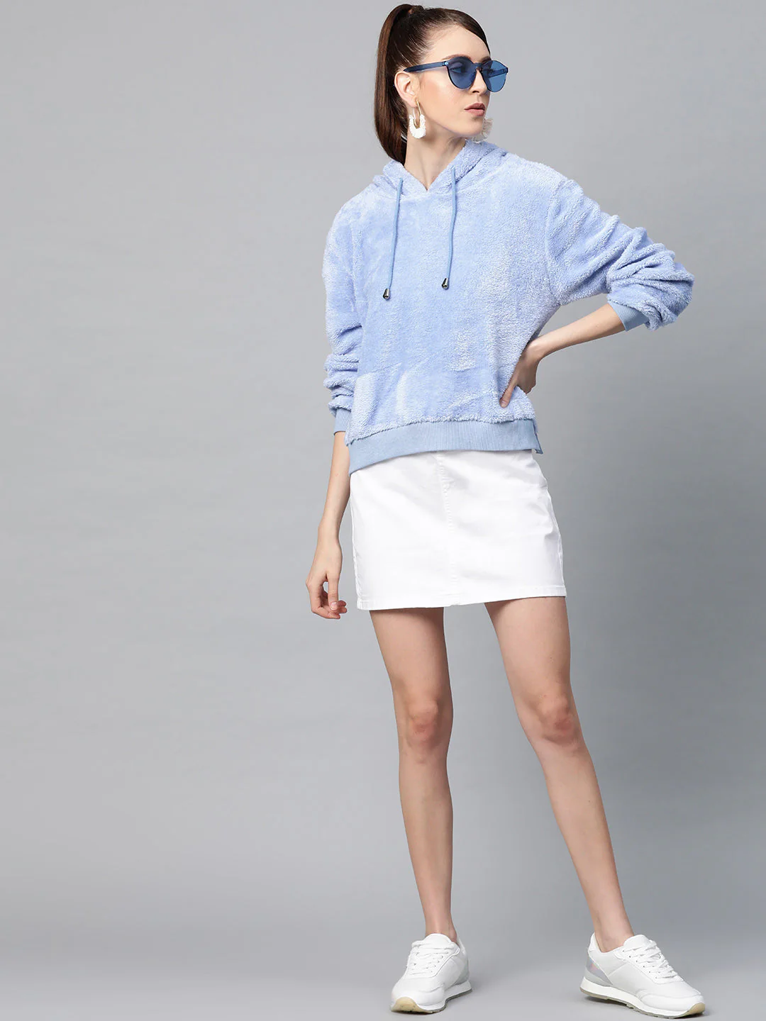Women Blue Hooded Faux Fur Sweatshirt - Image 4