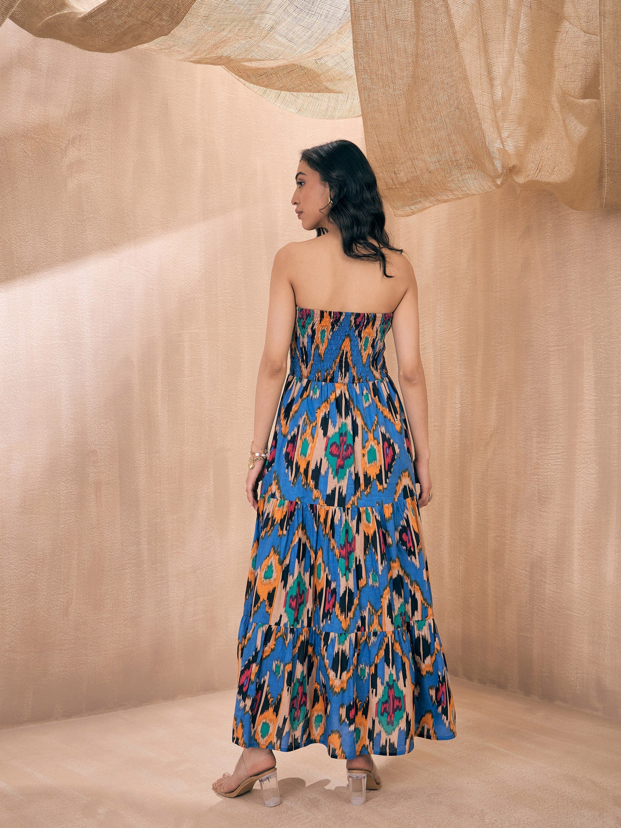 Women Blue Ikat Printed Tube Maxi - Image 2