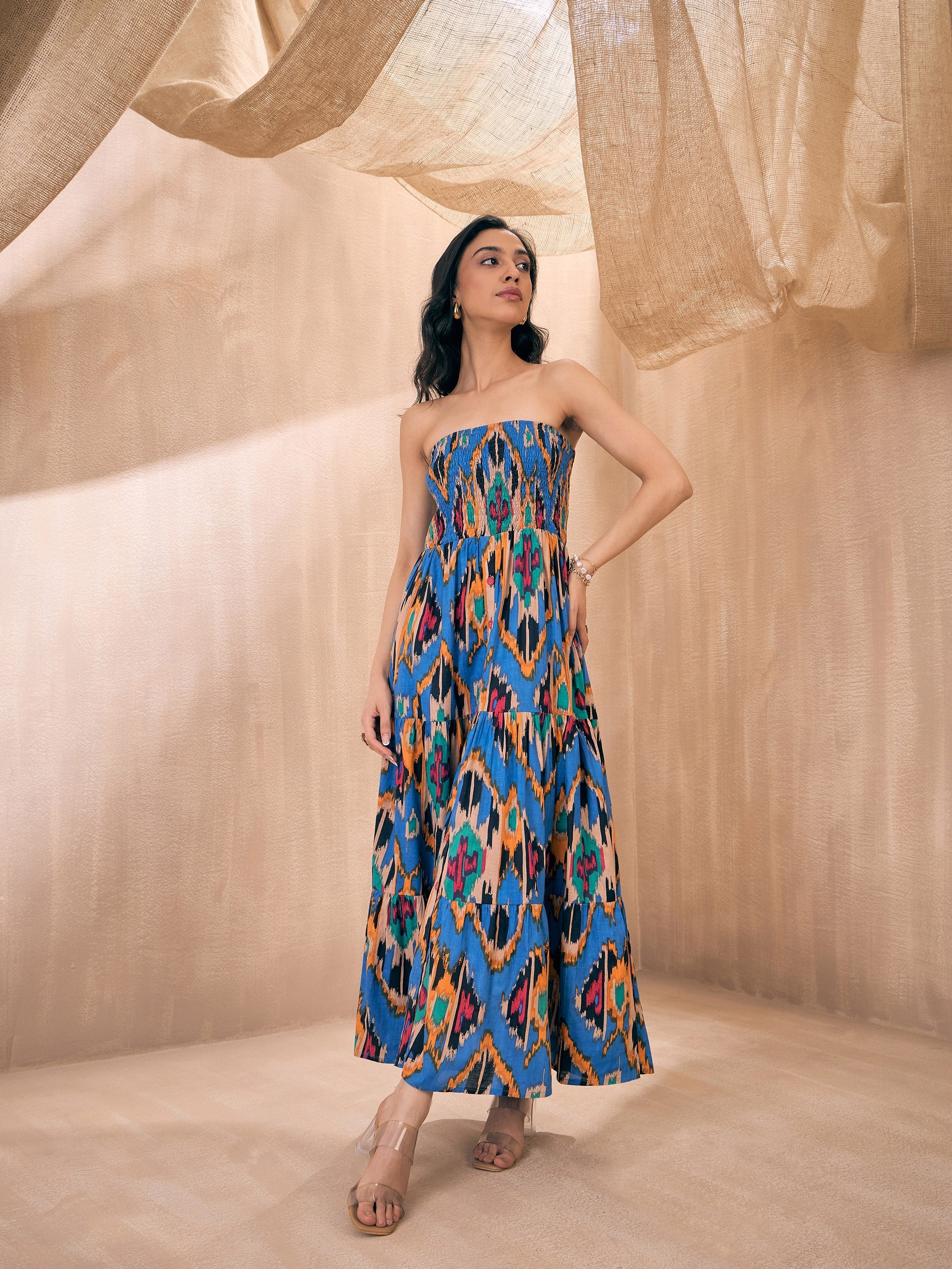 Women Blue Ikat Printed Tube Maxi - Image 4