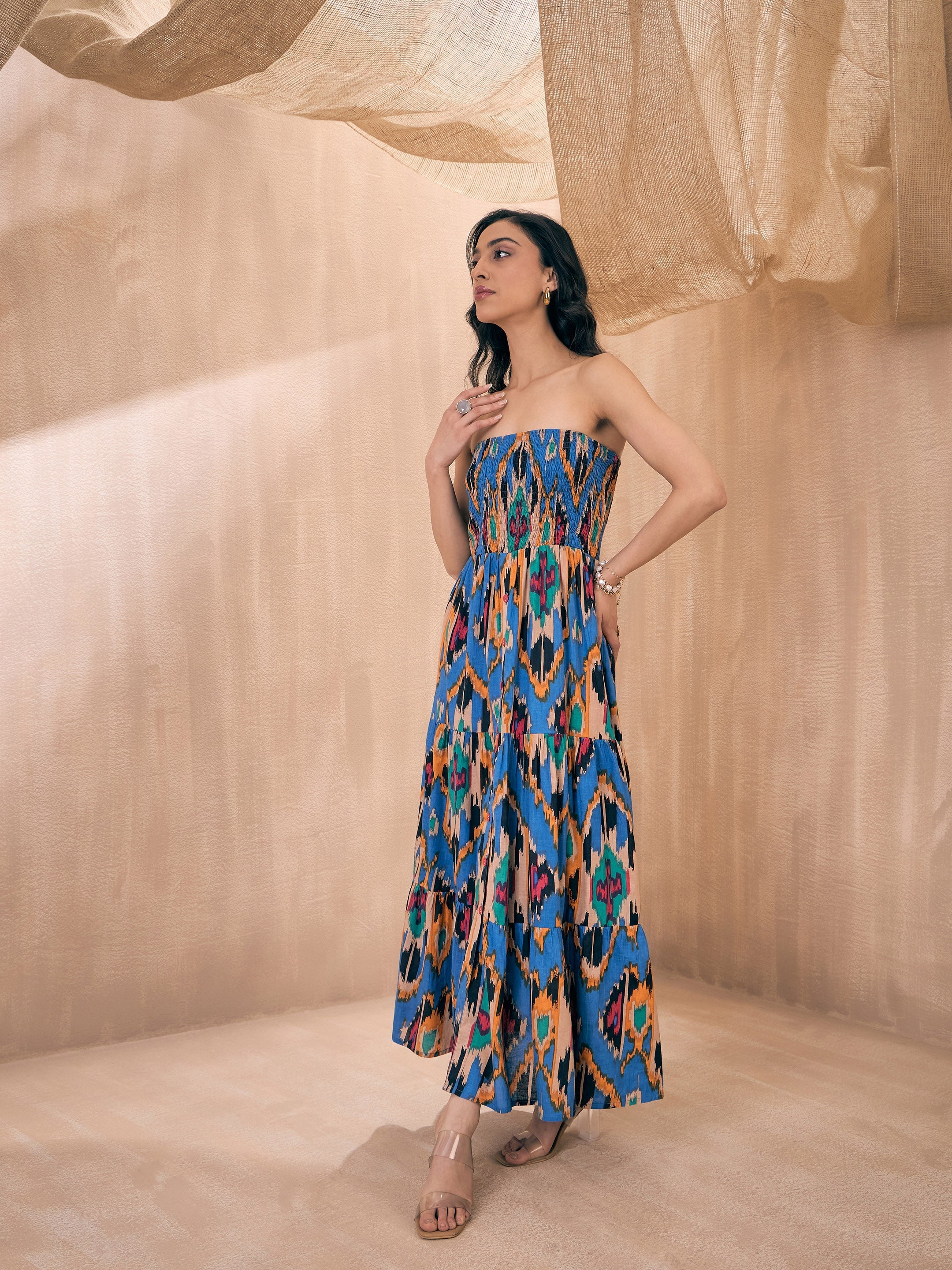 Women Blue Ikat Printed Tube Maxi - Image 5
