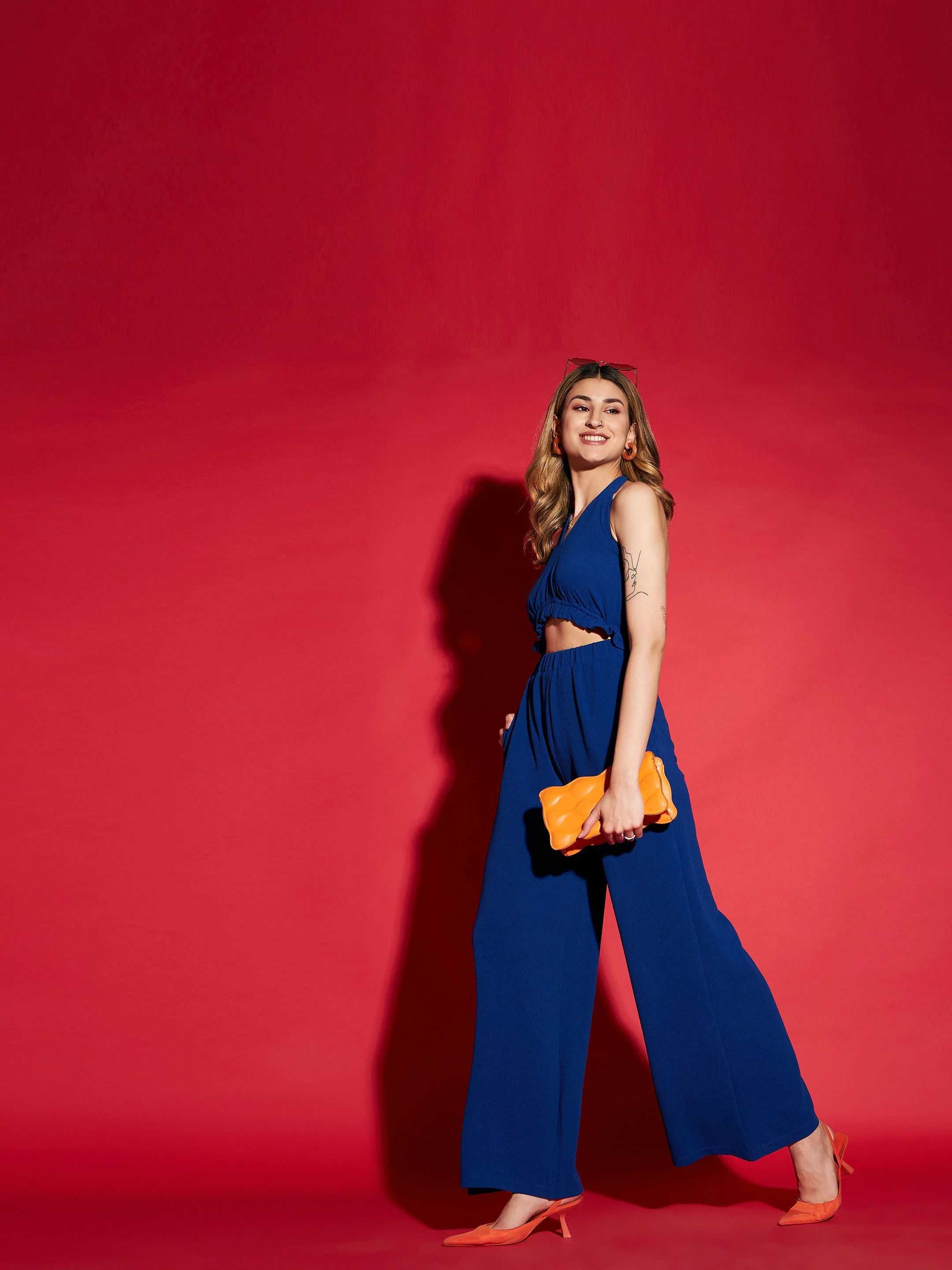 Women Blue Knitted Halter Neck Jumpsuit - Image 2