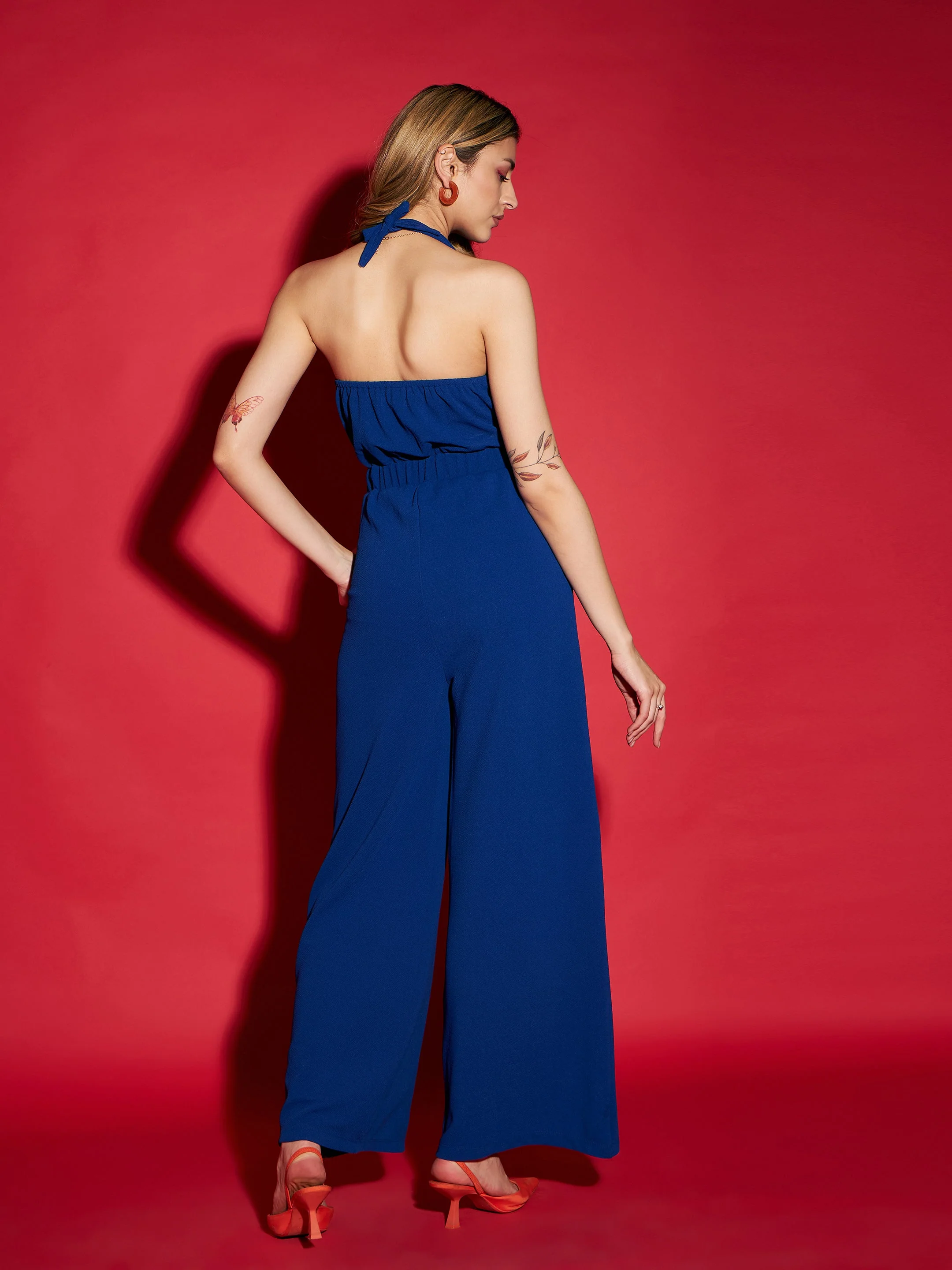 Women Blue Knitted Halter Neck Jumpsuit - Image 3