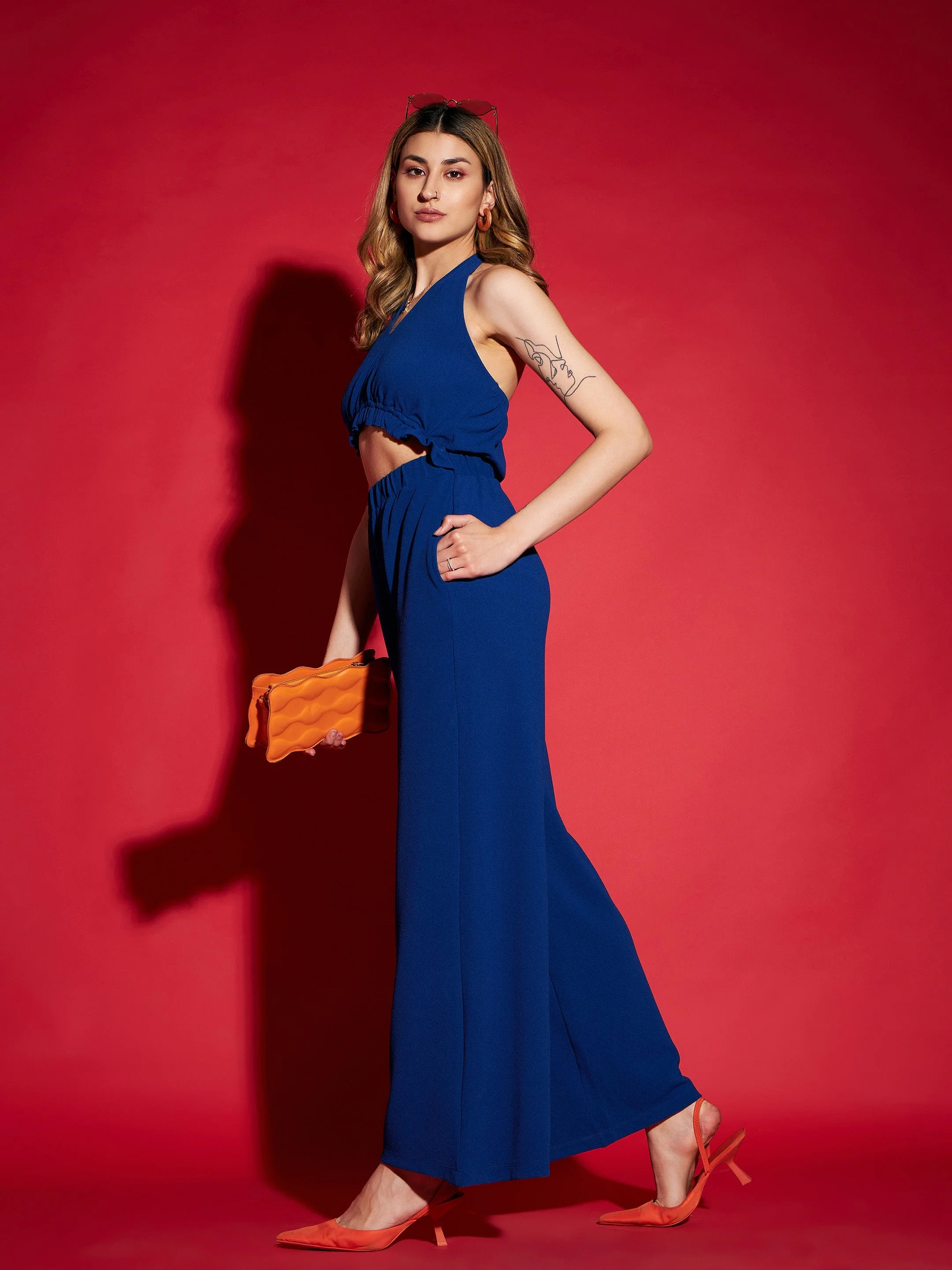 Women Blue Knitted Halter Neck Jumpsuit - Image 5