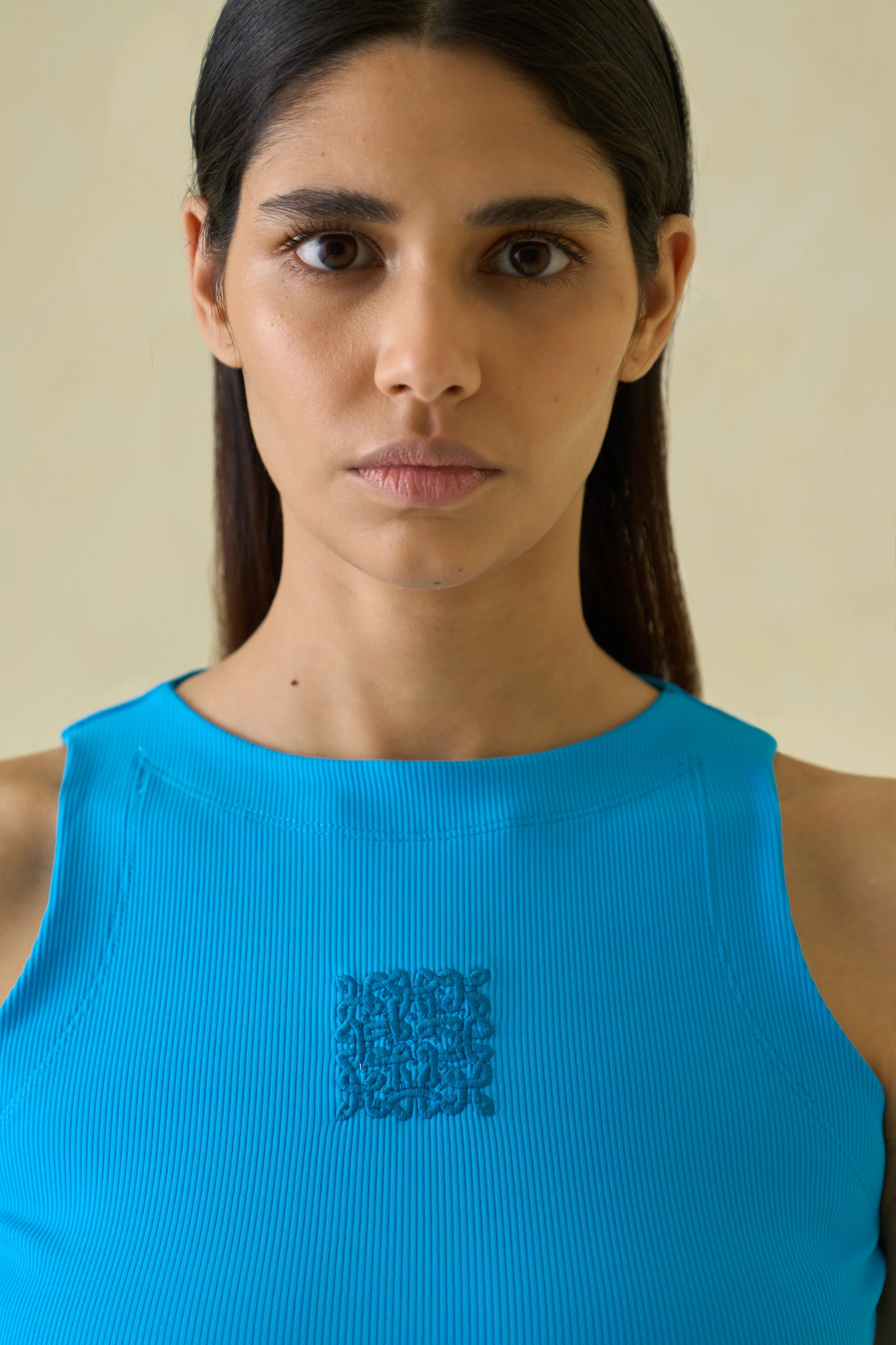 Women Blue Kolam Cropped Nylon Tank Top - Image 2