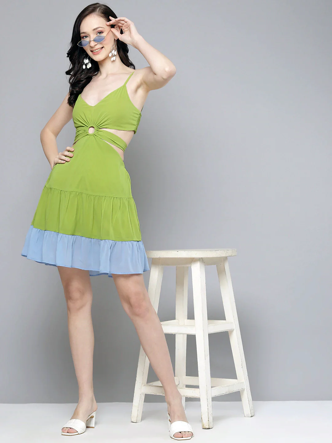 Women Blue & Lime Green Side Cut-Out Short Dress - Image 4