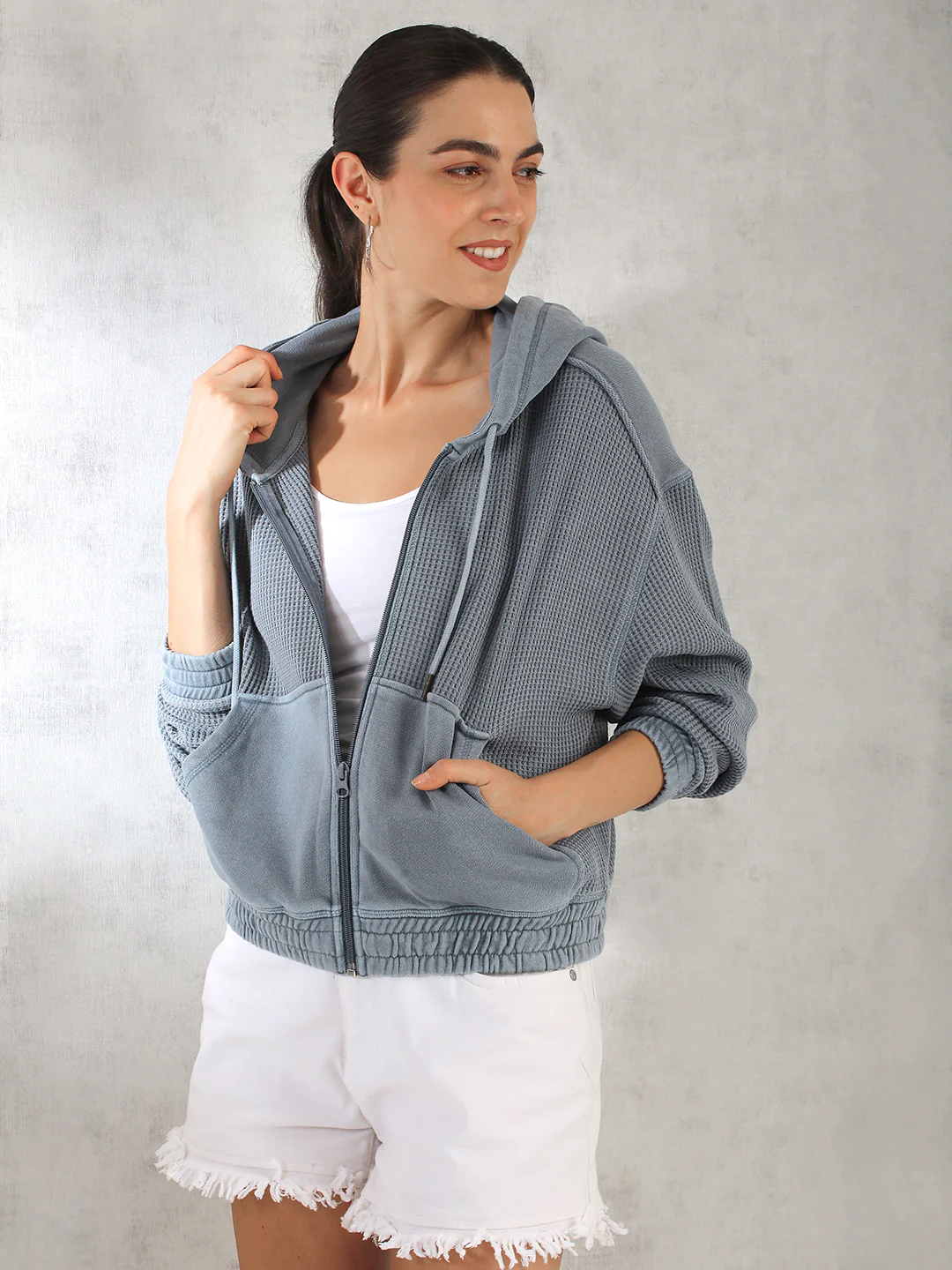 Women Blue Waffle textured Jacket - Image 2