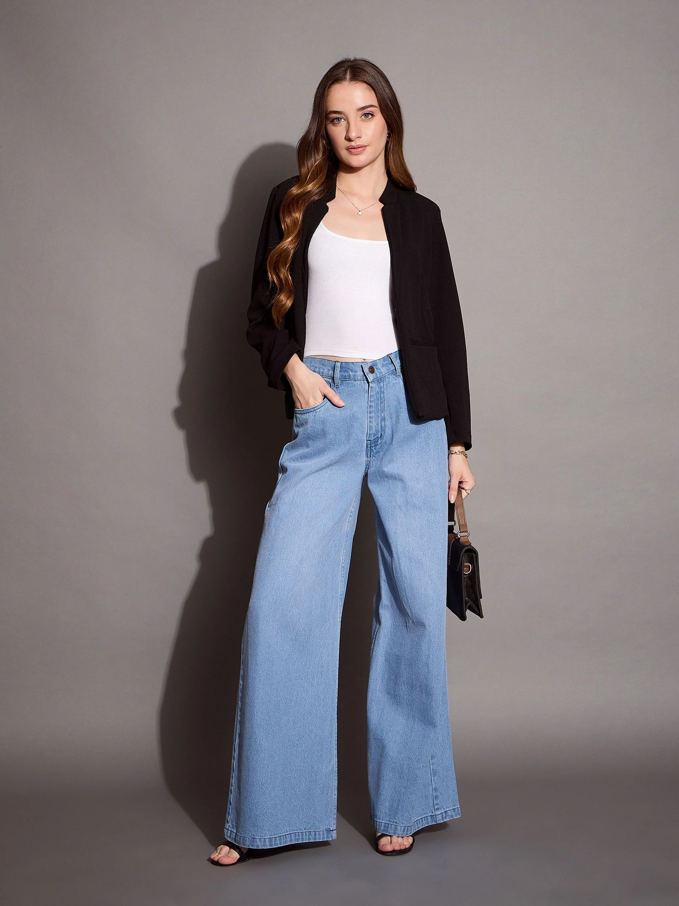 Women Blue Low Waist Wide Leg Jeans - Image 2