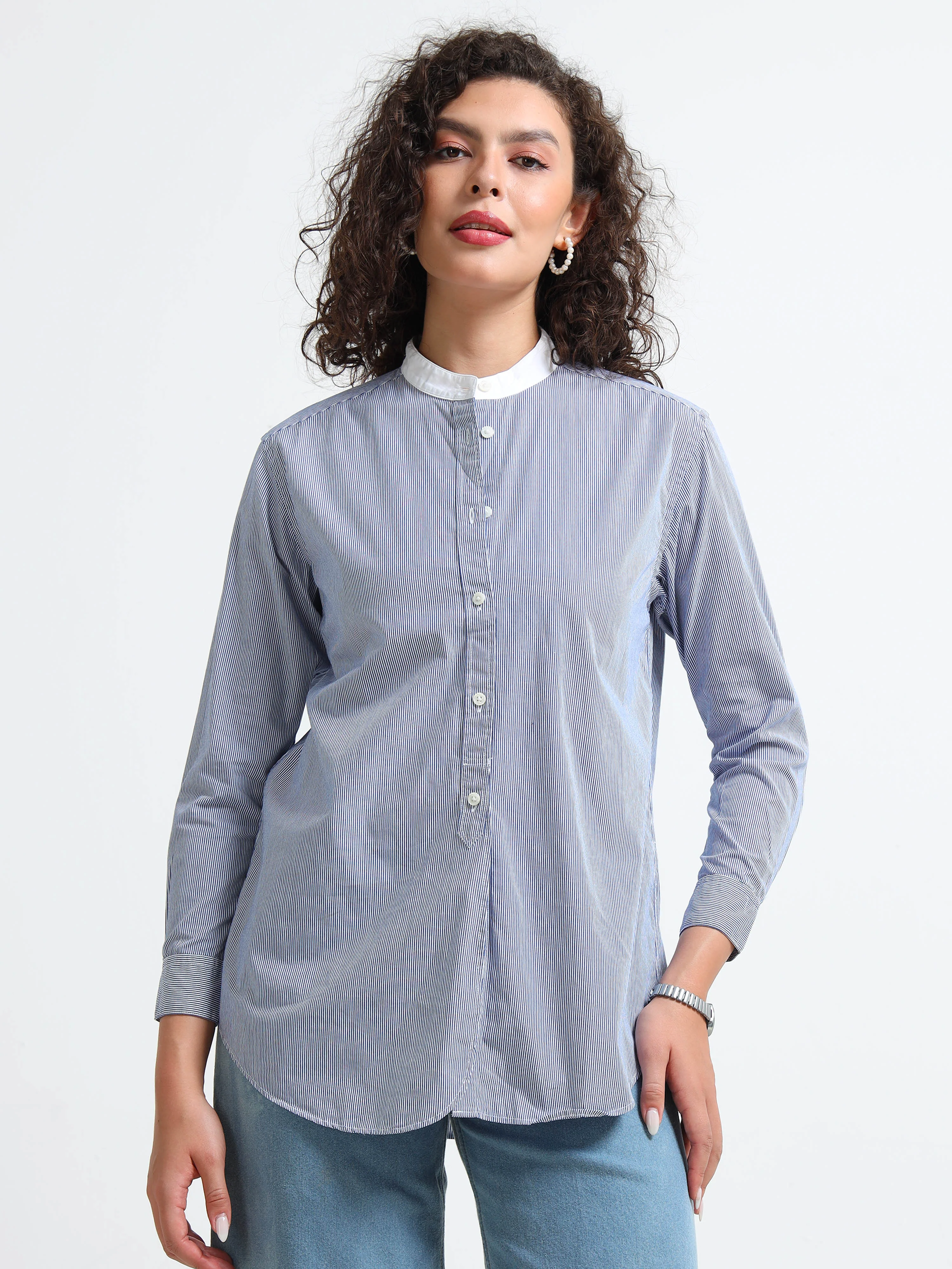 Women Blue Mandarin collar Shirt - Image 2