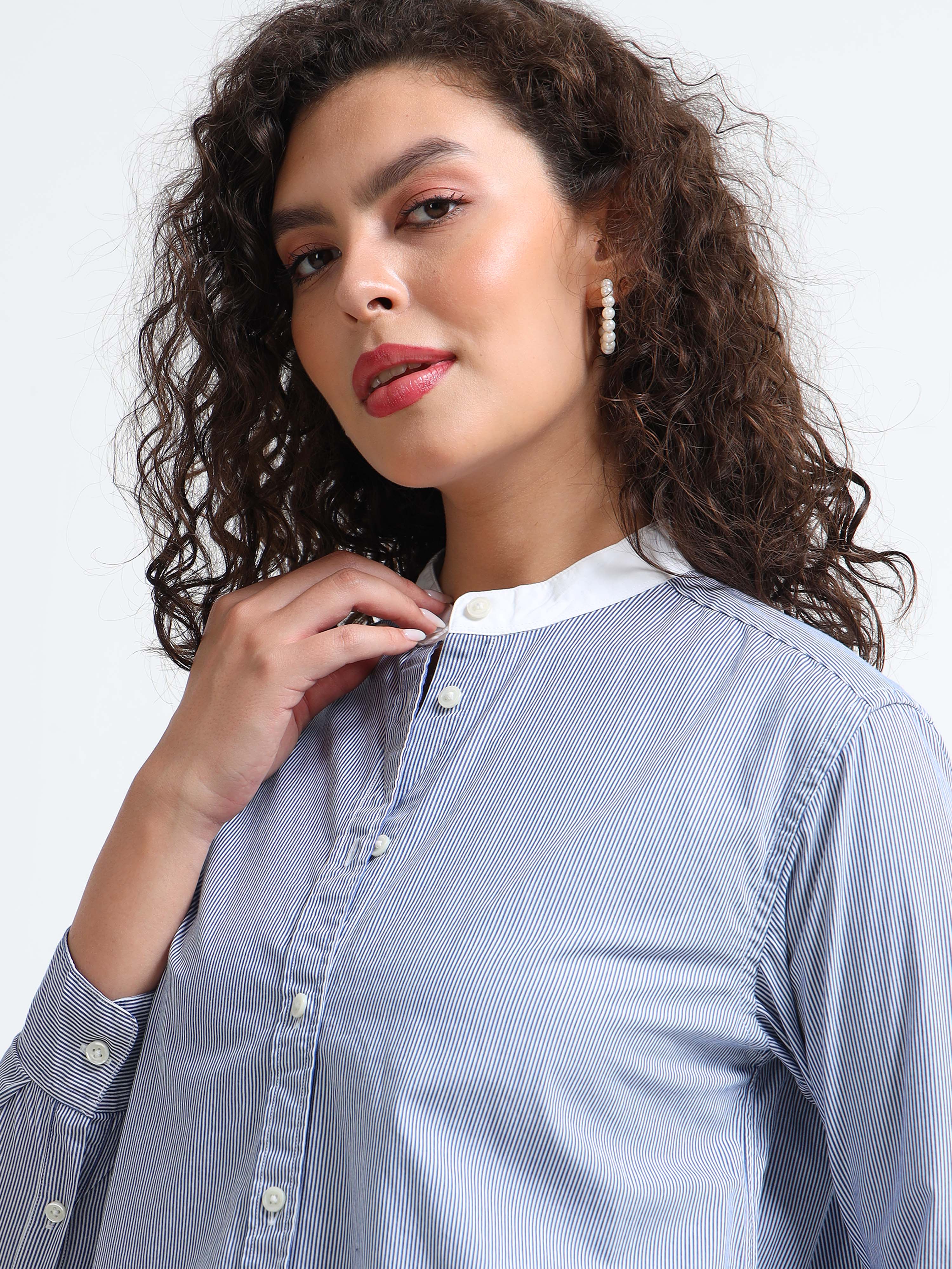 Women Blue Mandarin collar Shirt - Image 3