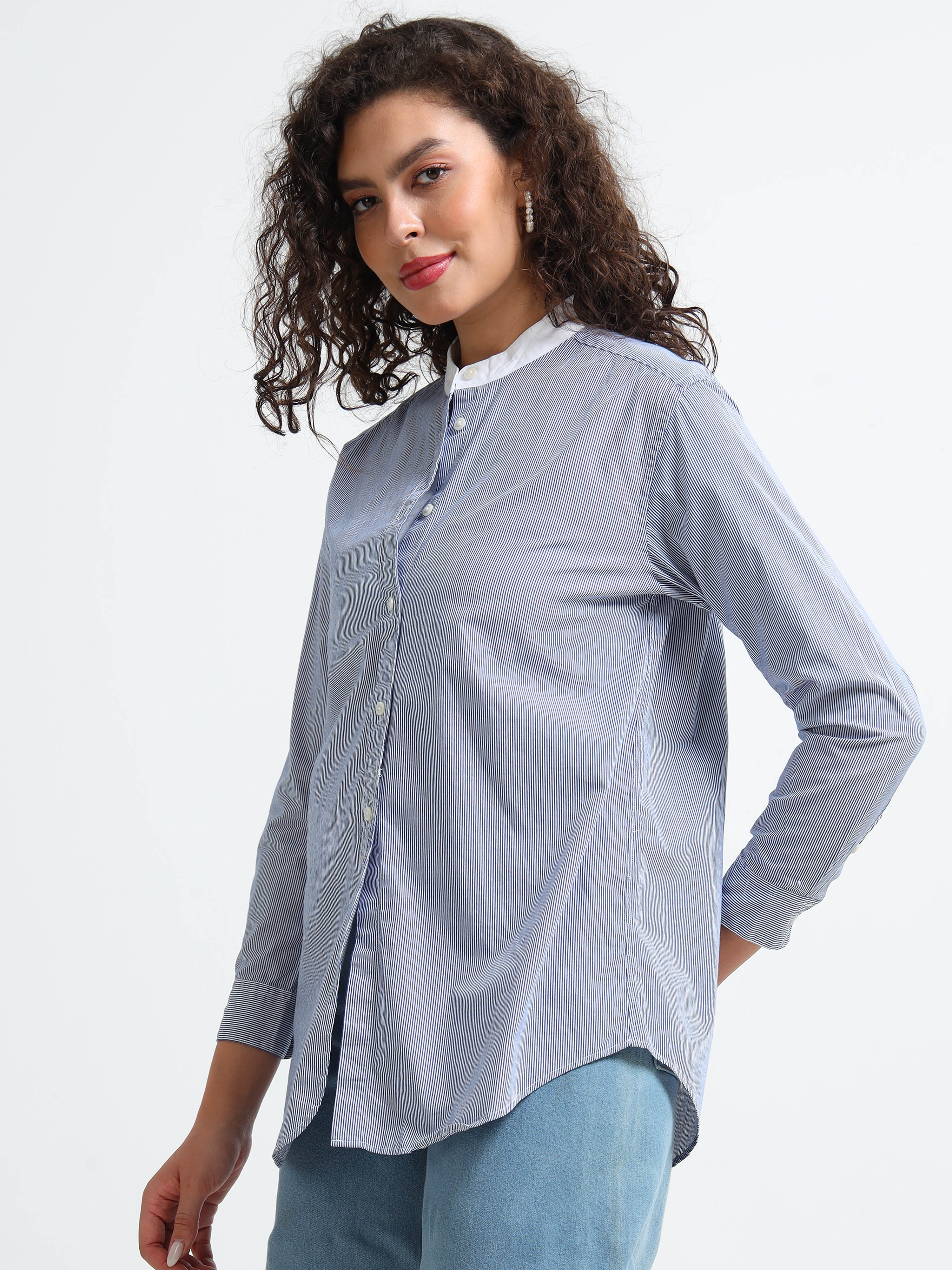 Women Blue Mandarin collar Shirt - Image 4