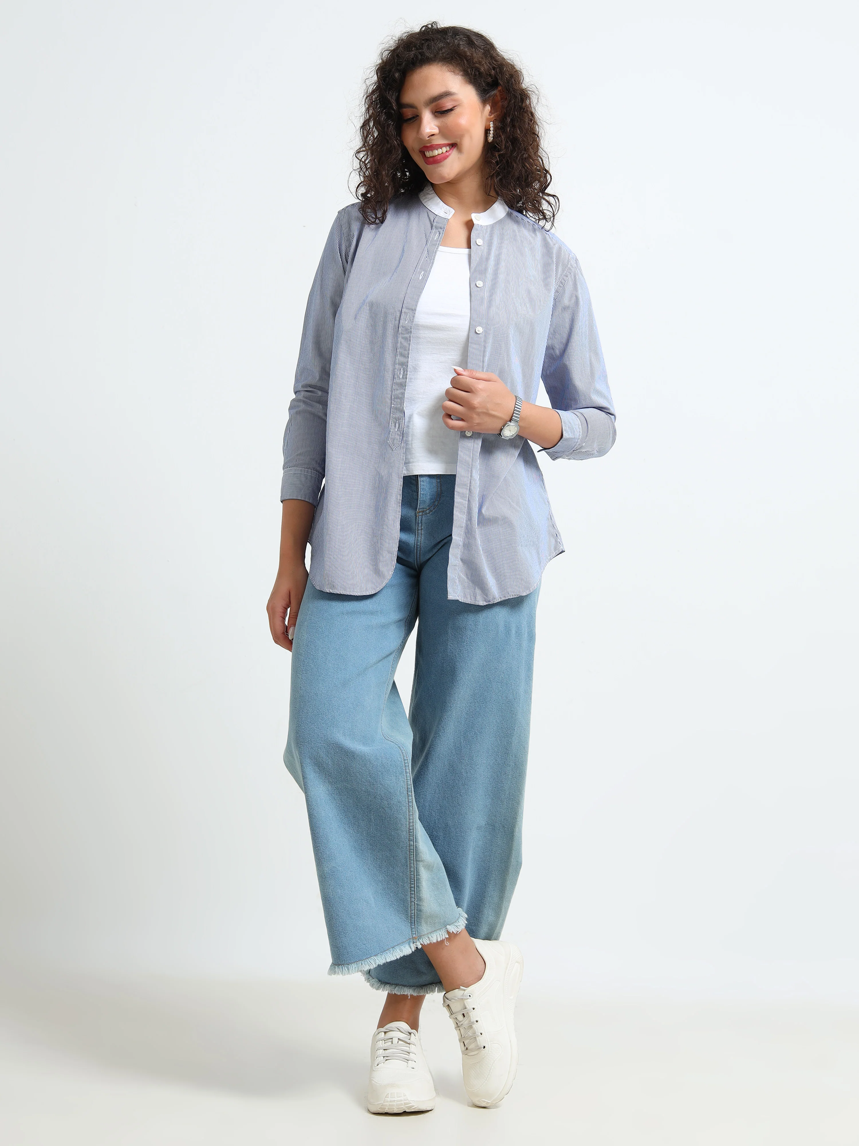 Women Blue Mandarin collar Shirt - Image 6