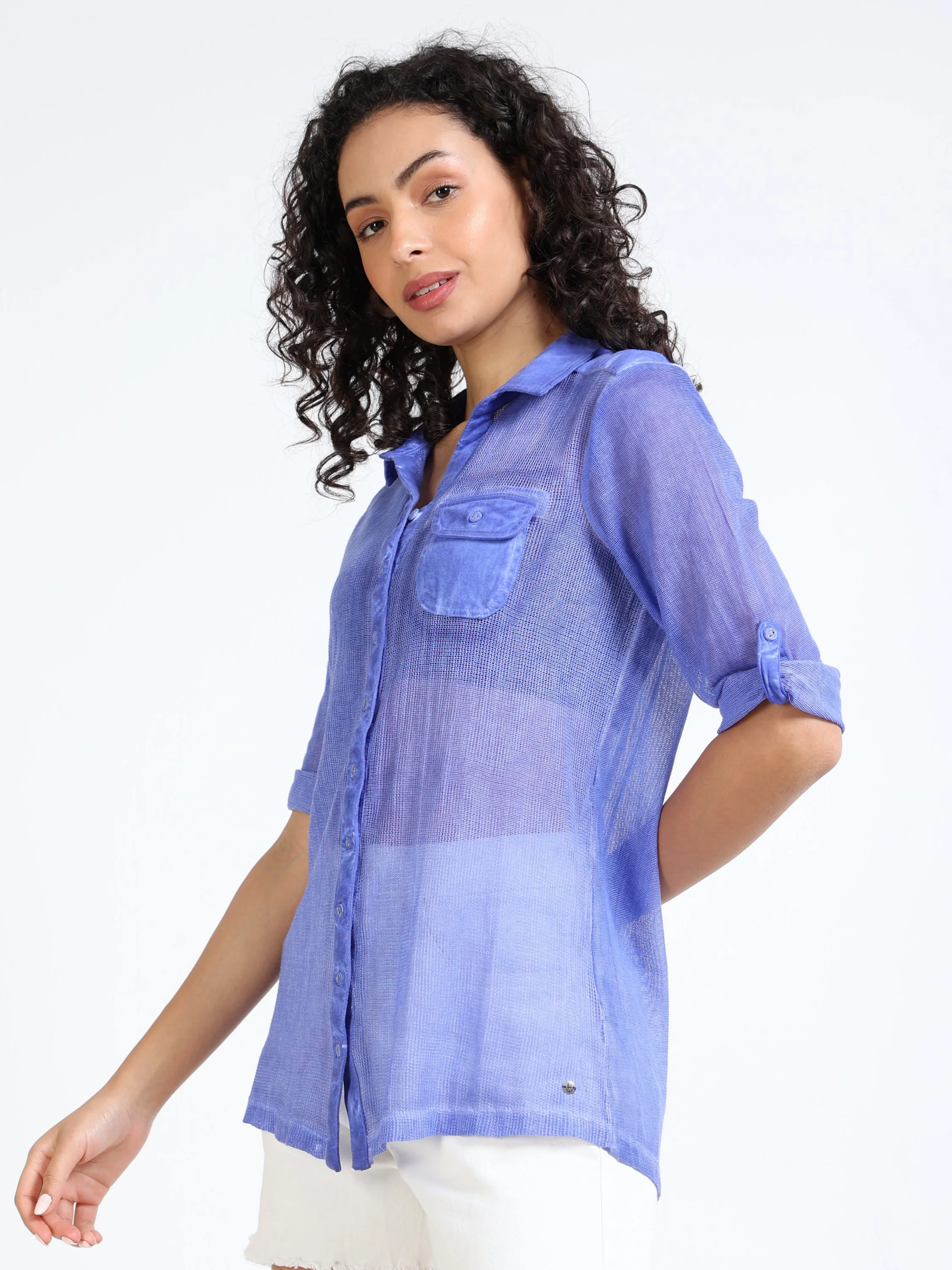 Women Blue Mesh Regular Shirt - Image 2
