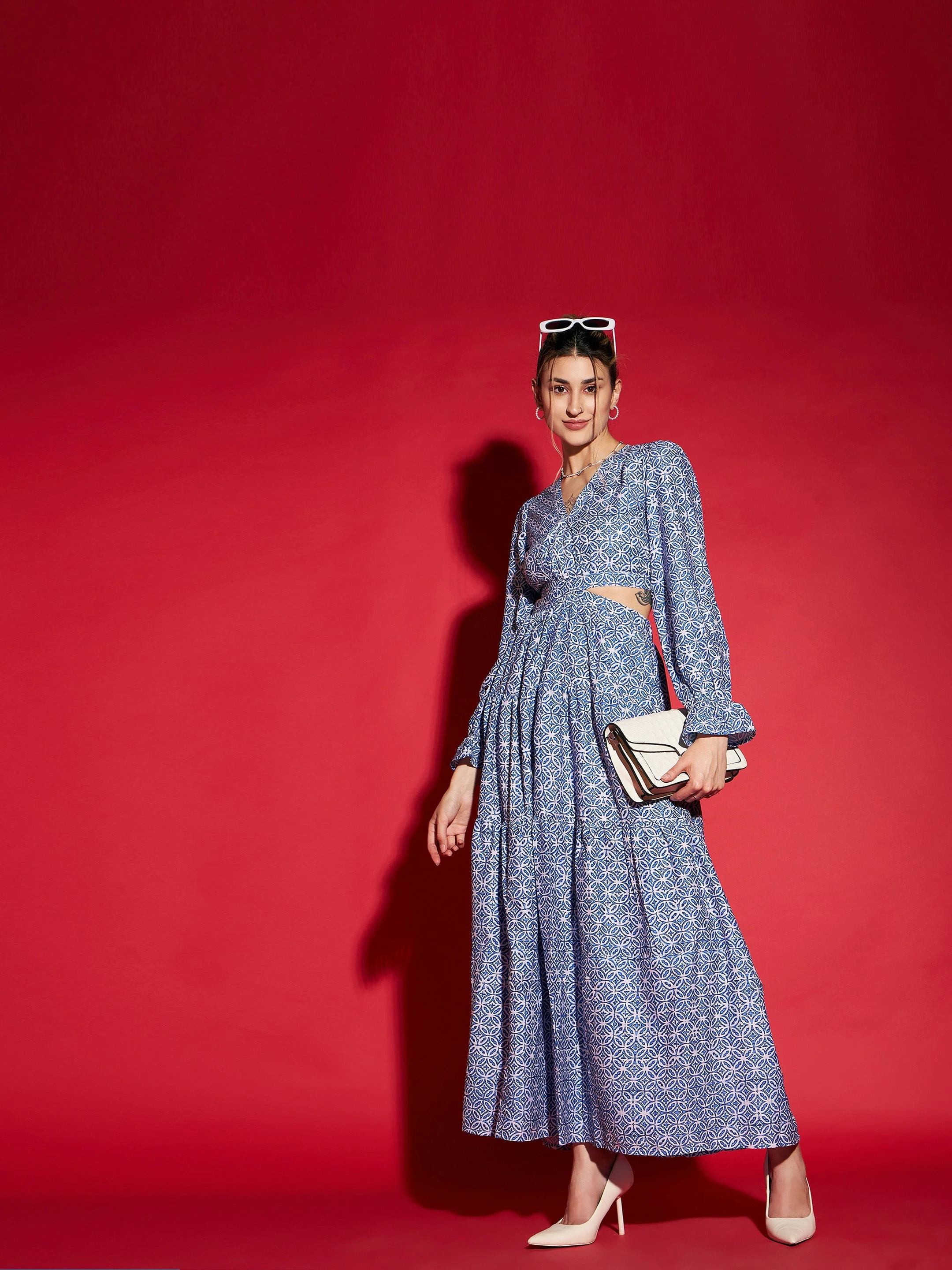 Women Blue Mughal Printed Waist Cut-Out Maxi Dress - Image 3