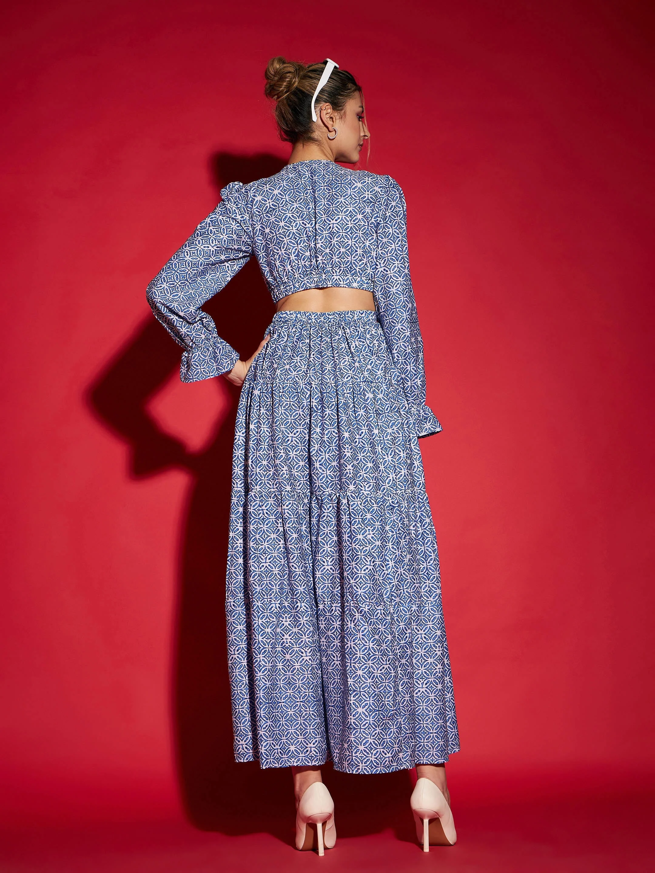 Women Blue Mughal Printed Waist Cut-Out Maxi Dress - Image 5