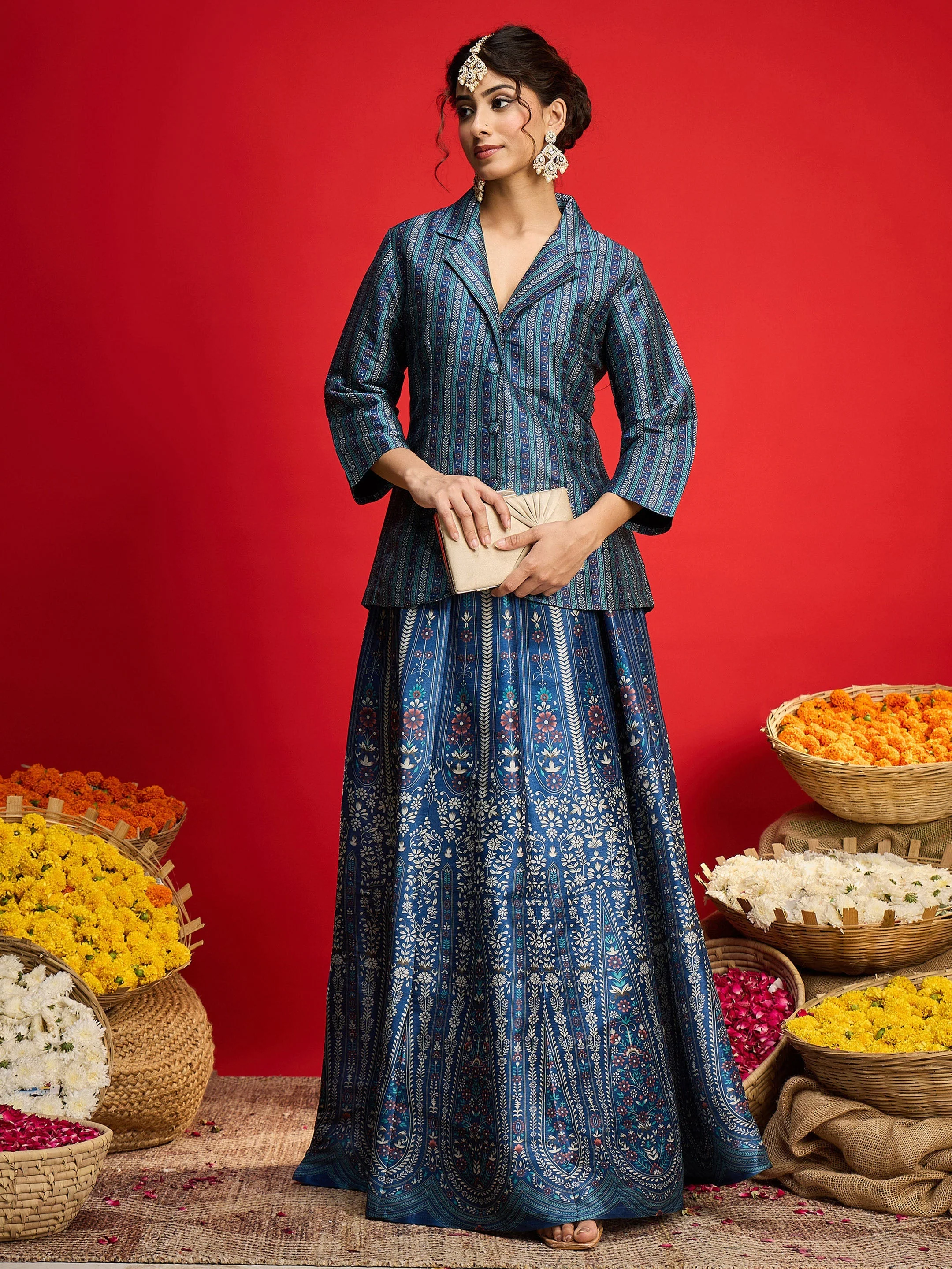 Women Blue Multi Floral Blazer Top With Anarkali Skirt - Image 2