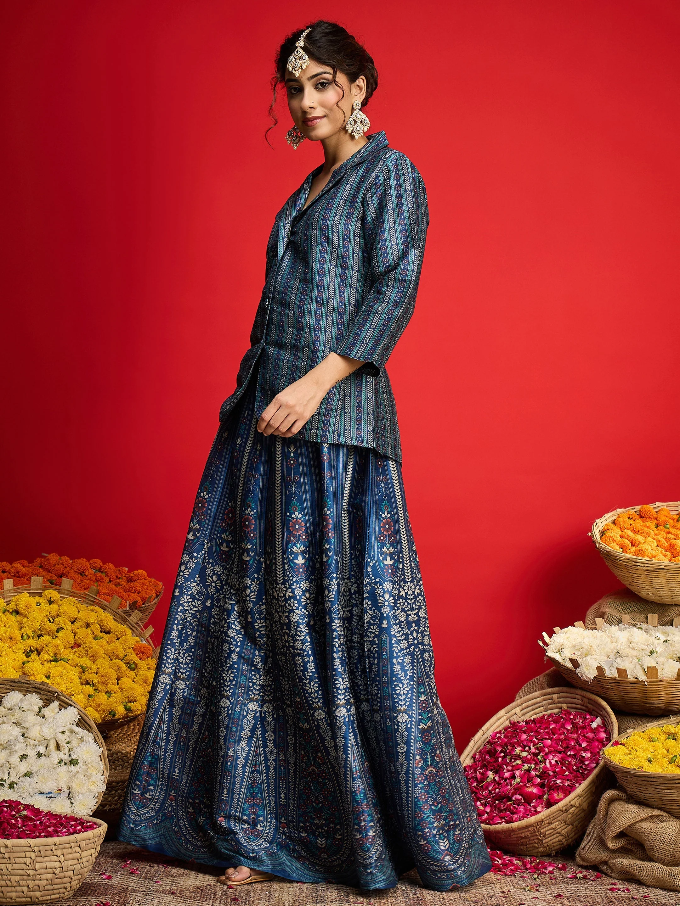 Women Blue Multi Floral Blazer Top With Anarkali Skirt - Image 3