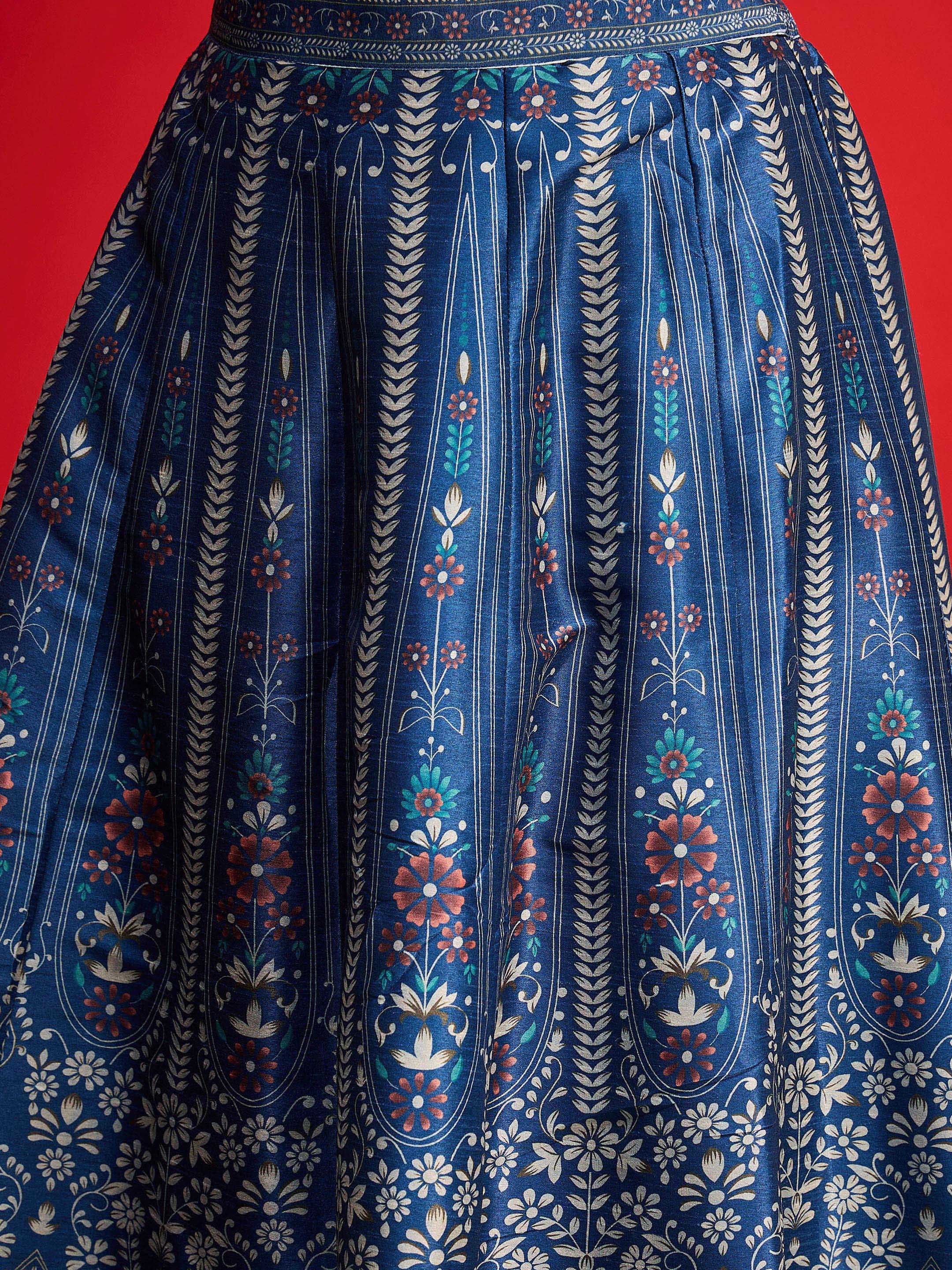 Women Blue Multi Floral Blazer Top With Anarkali Skirt - Image 5