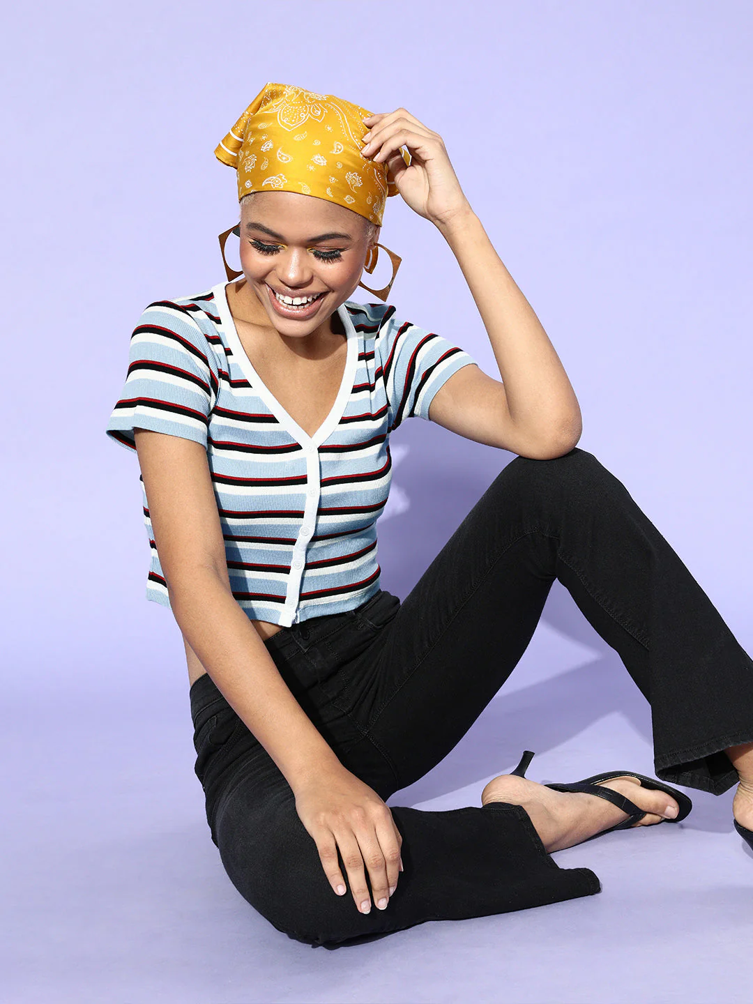 Women Blue Multi Stripe Front Button Rib Crop Top - Image 2