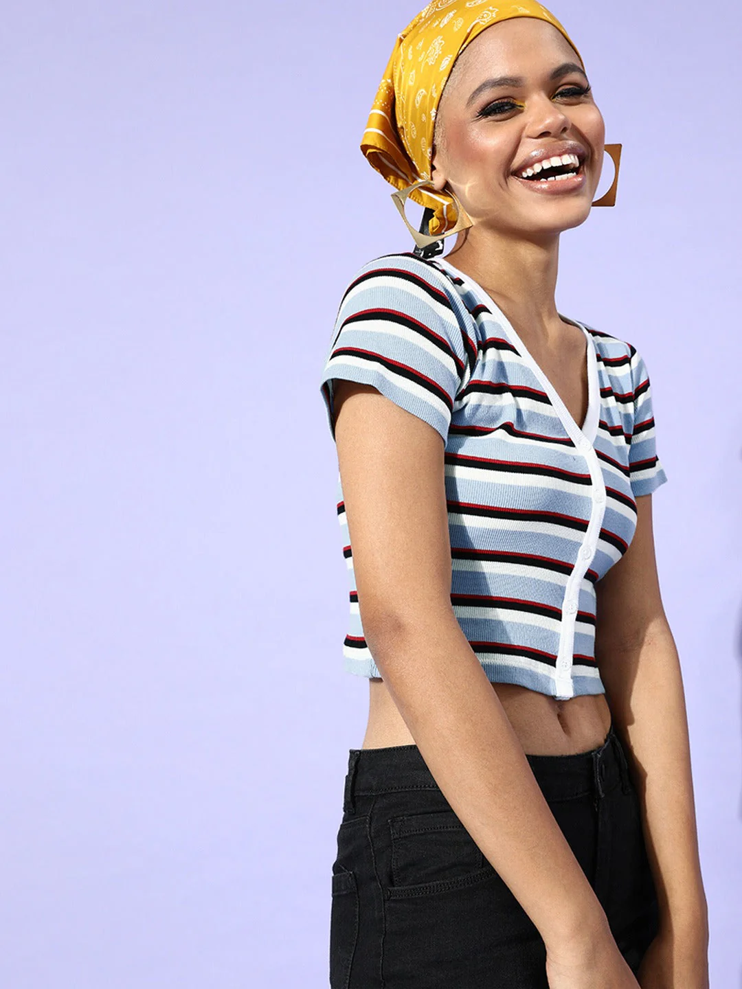 Women Blue Multi Stripe Front Button Rib Crop Top - Image 3