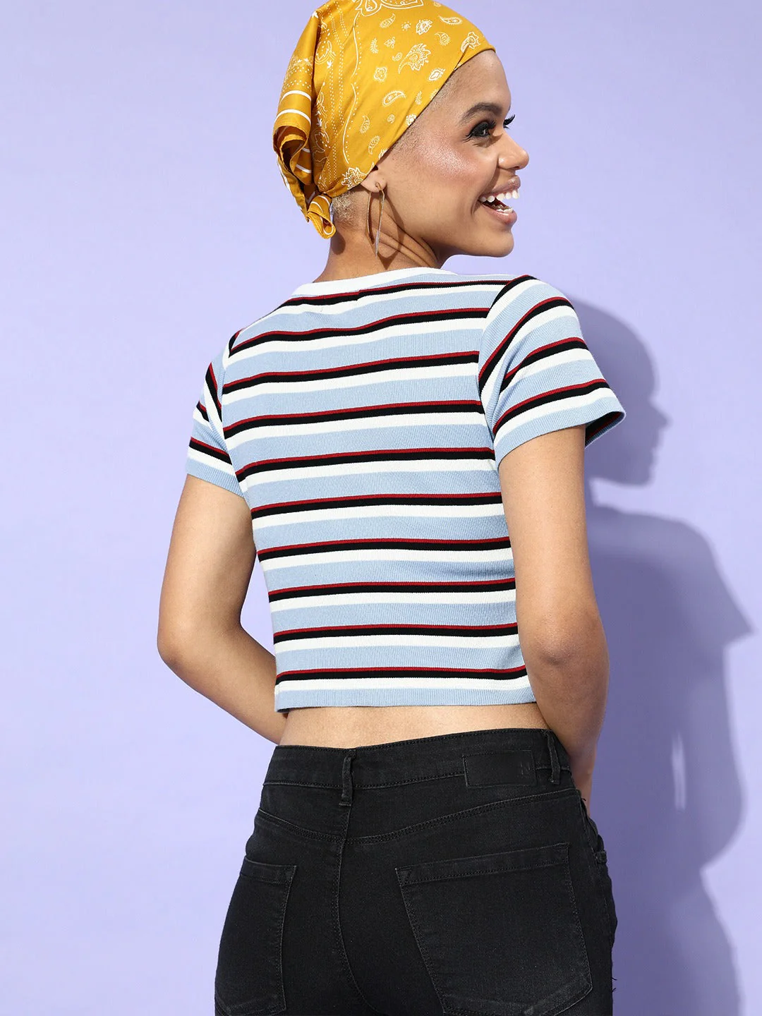 Women Blue Multi Stripe Front Button Rib Crop Top - Image 4