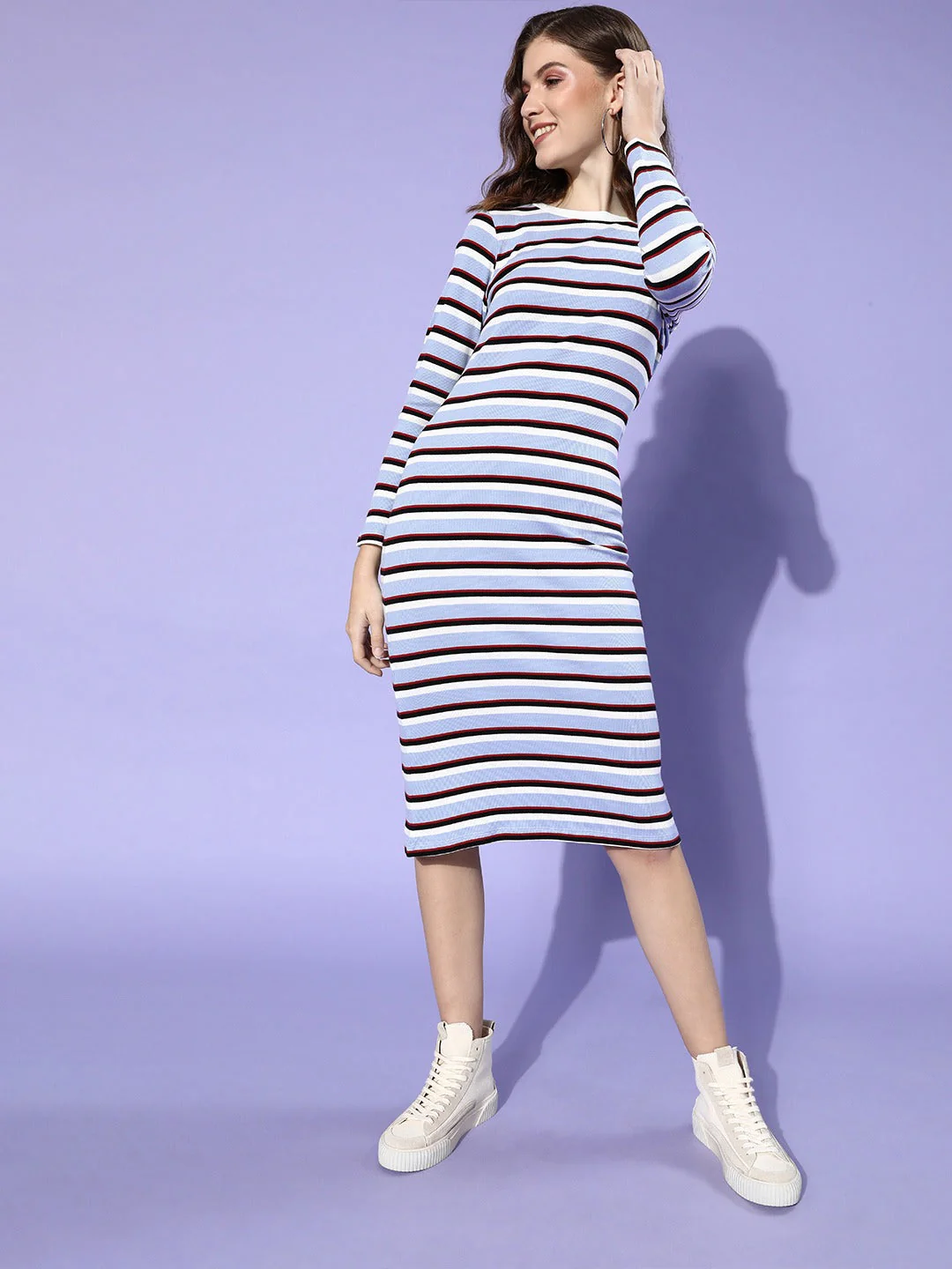 Women Blue Multi Stripe Rib Bodycon Dress - Image 3