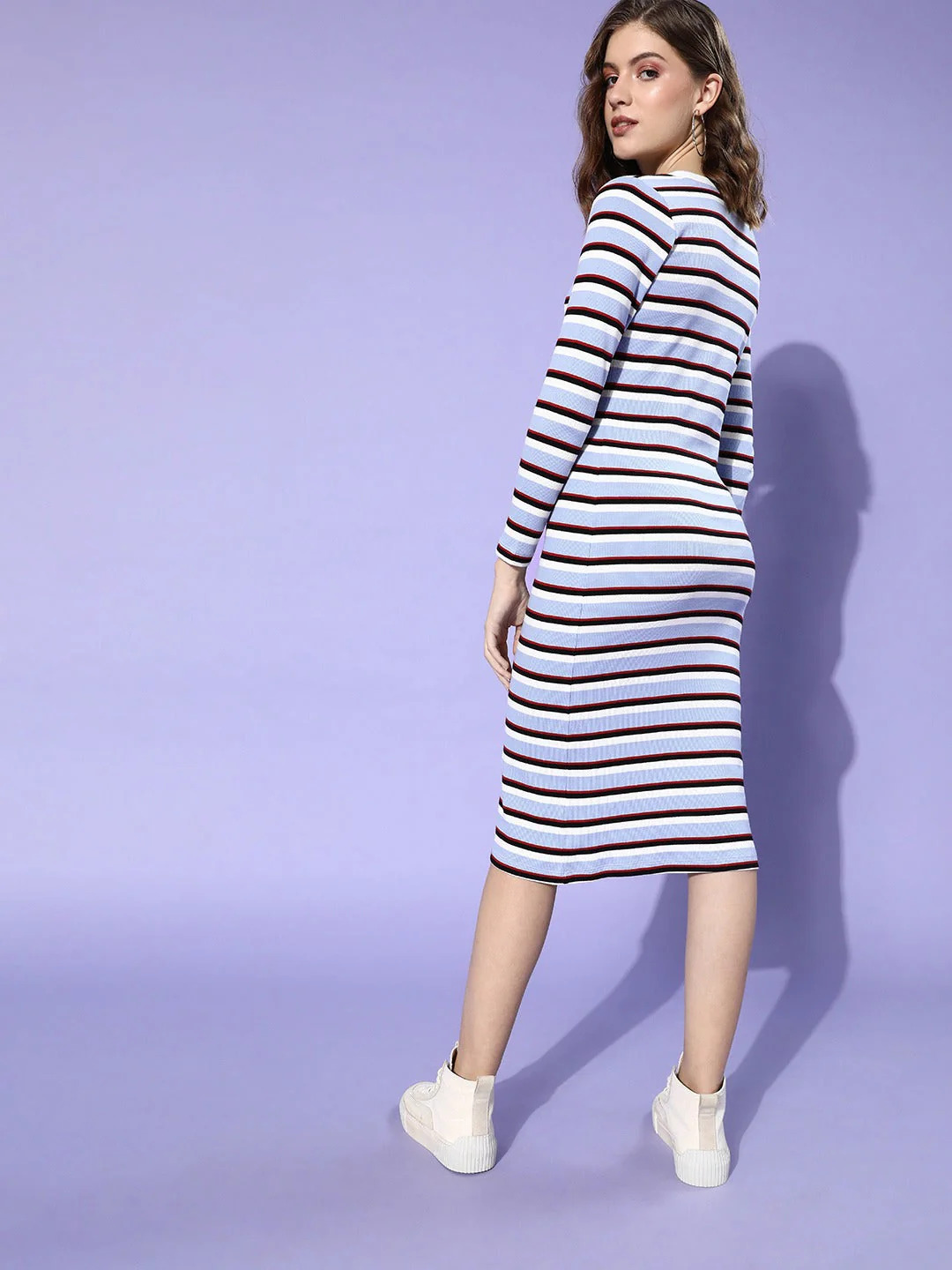 Women Blue Multi Stripe Rib Bodycon Dress - Image 4