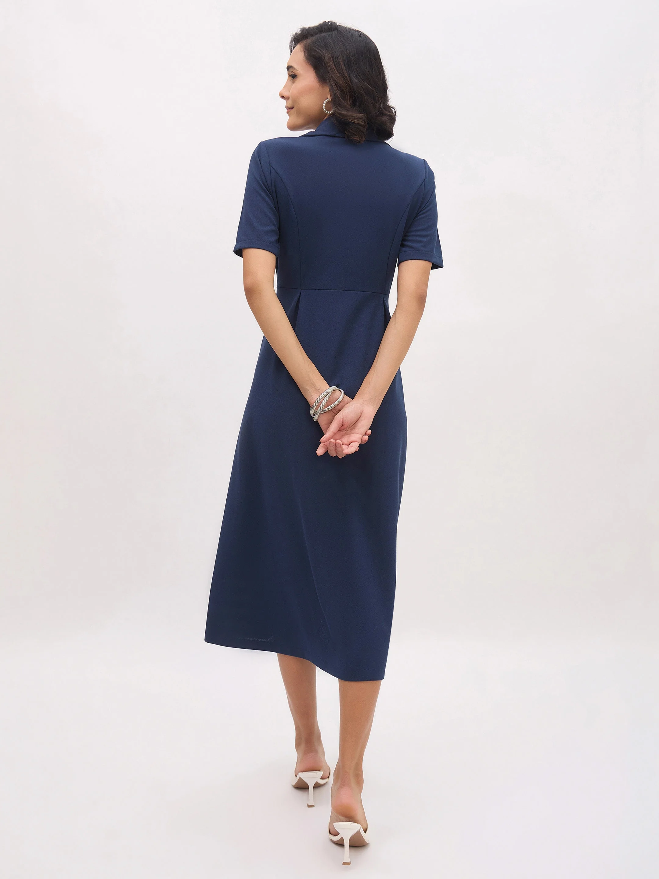 Women Blue Notch Collar Button Midi Dress - Image 2