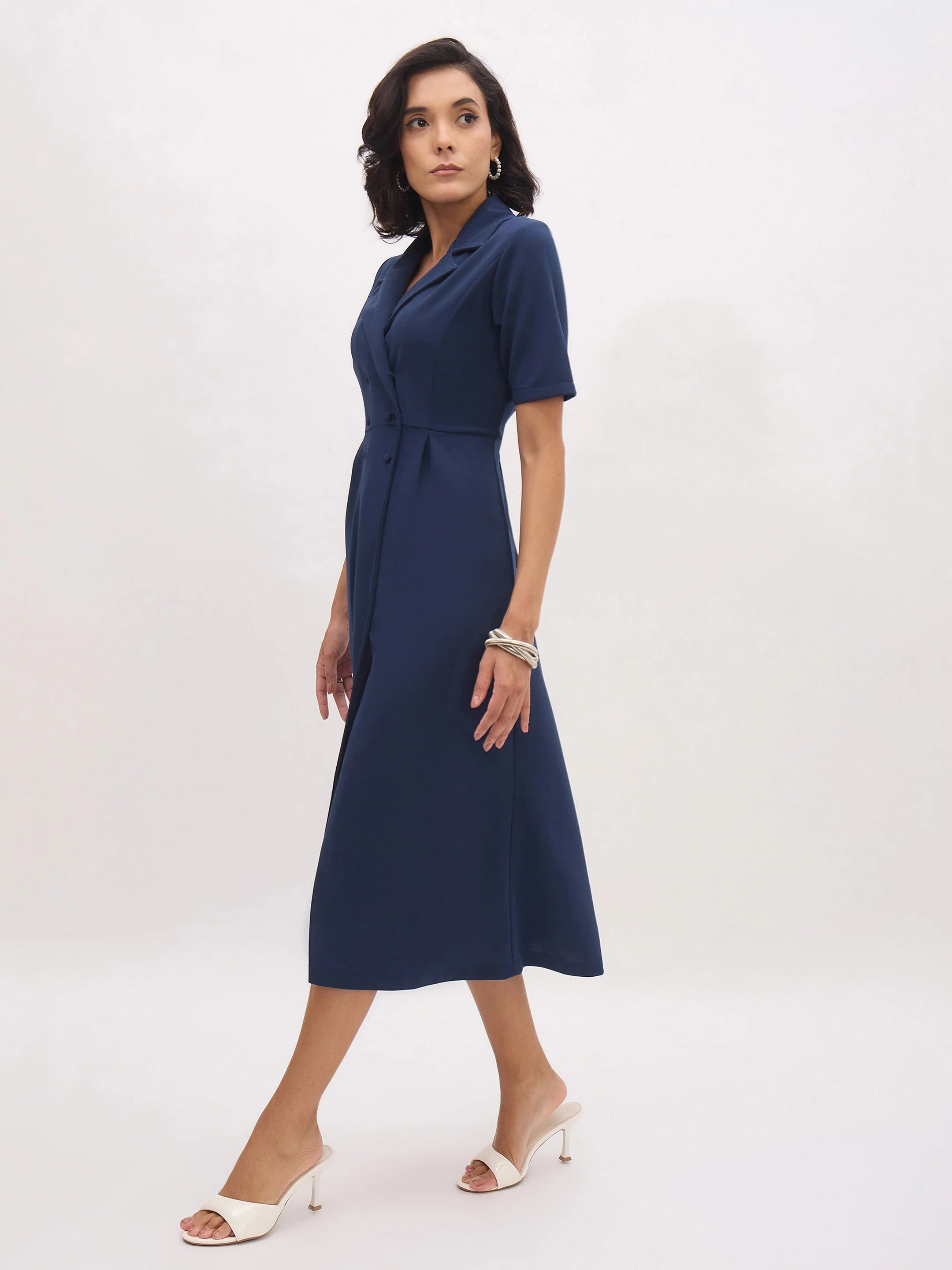 Women Blue Notch Collar Button Midi Dress - Image 4