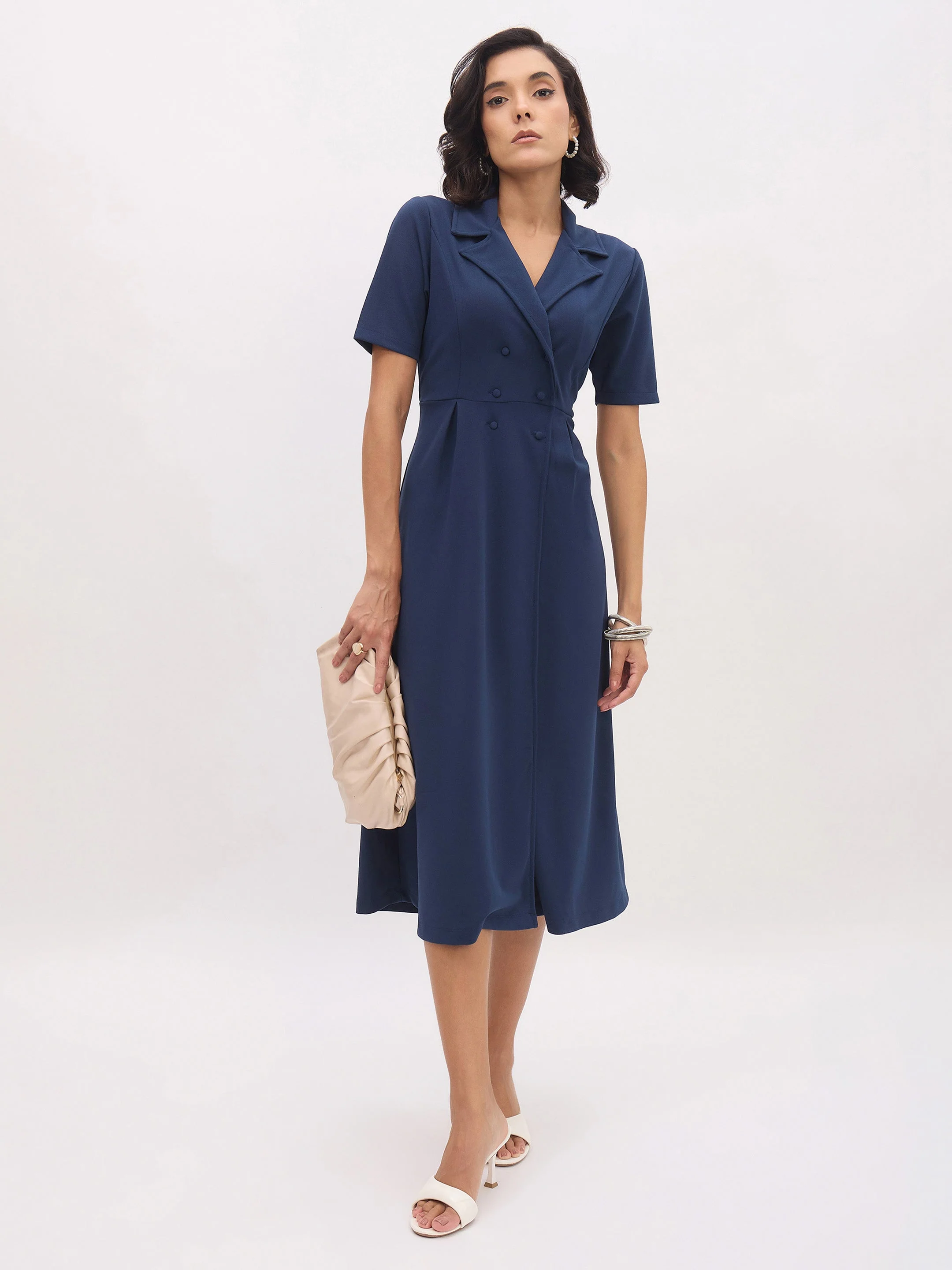 Women Blue Notch Collar Button Midi Dress - Image 5