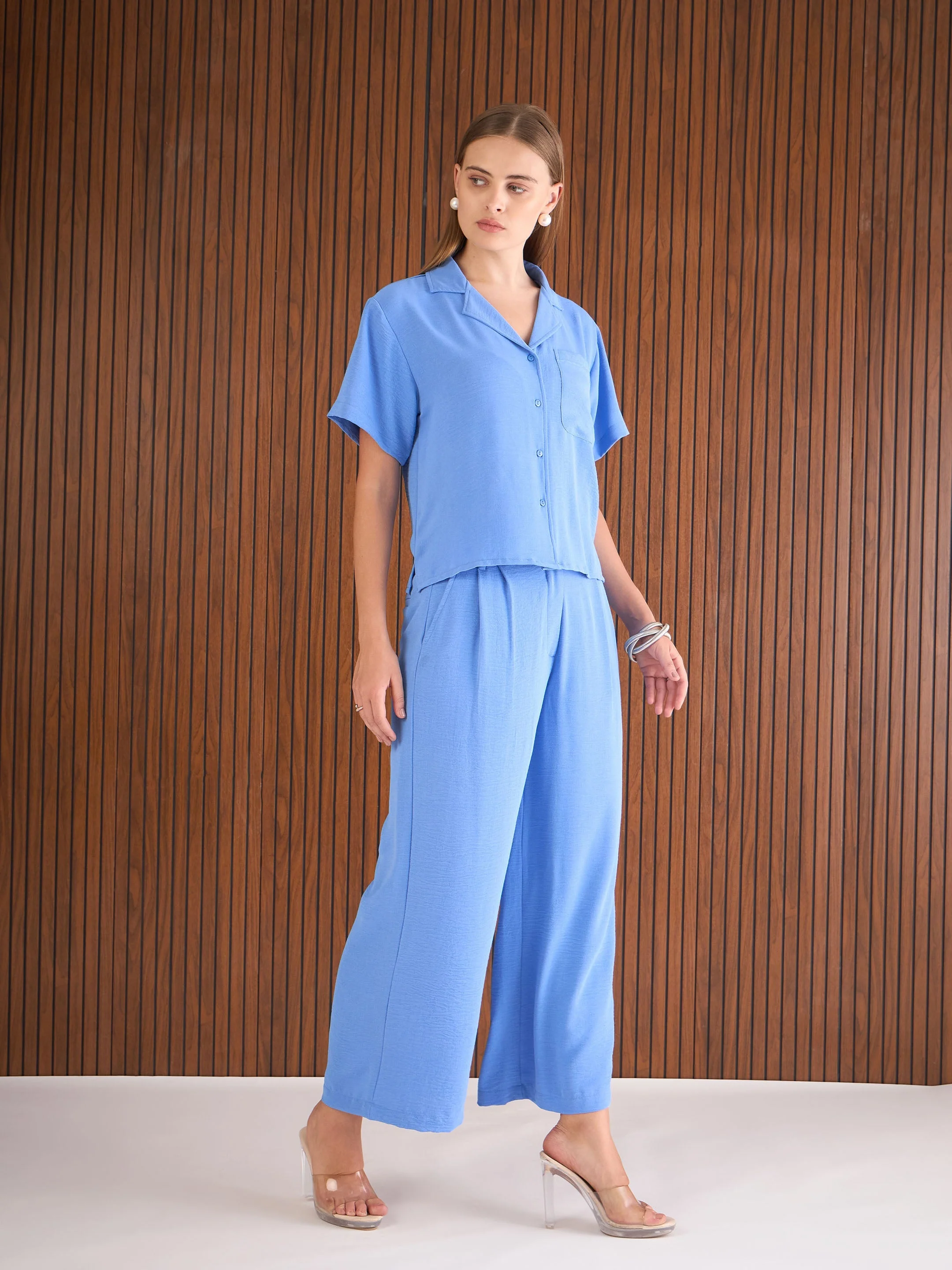 Women Blue Notch Collar Top With Straight Pants - Image 3