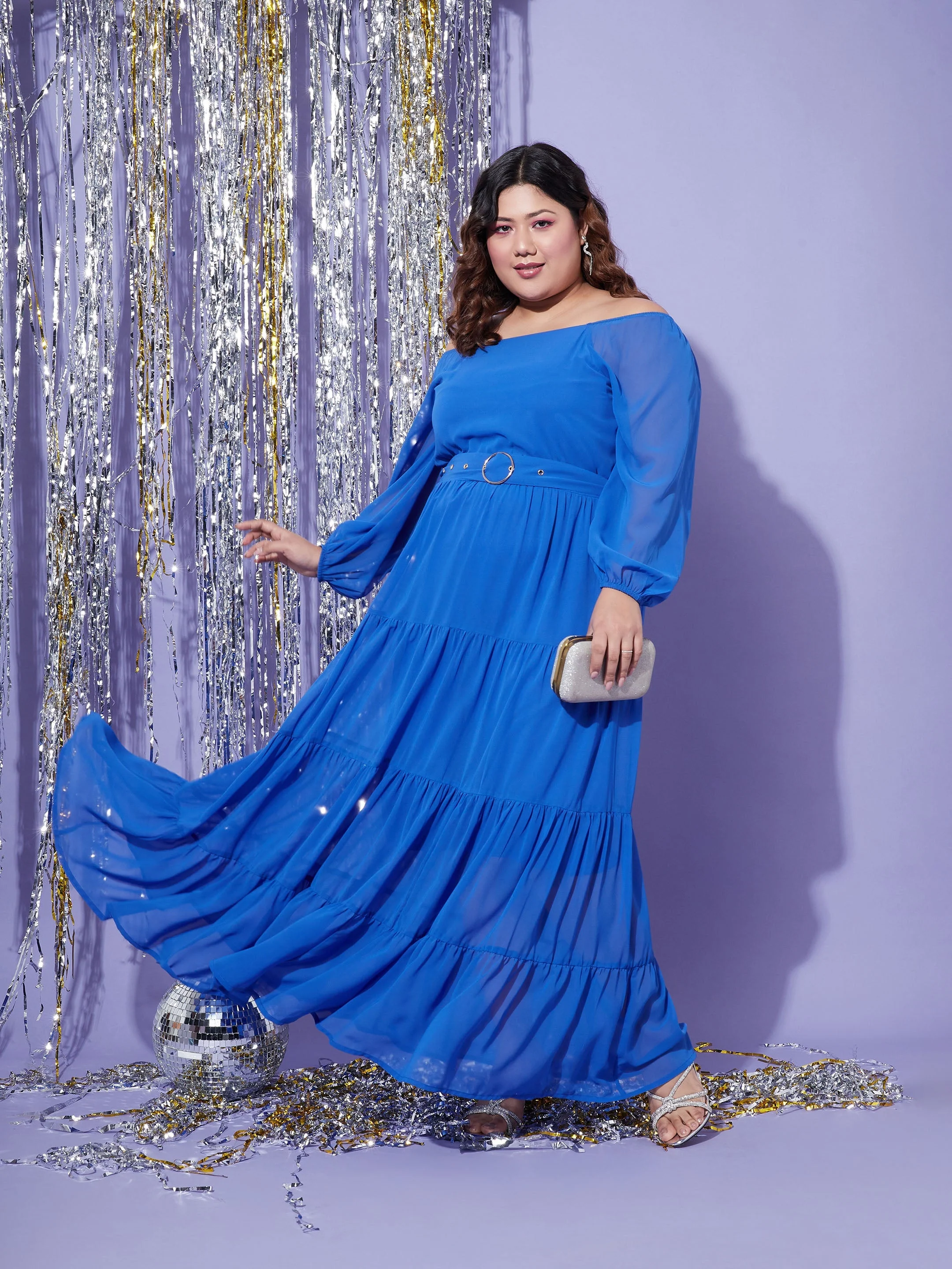 Women Blue Off Shoulder Tiered Maxi Dress - Image 4