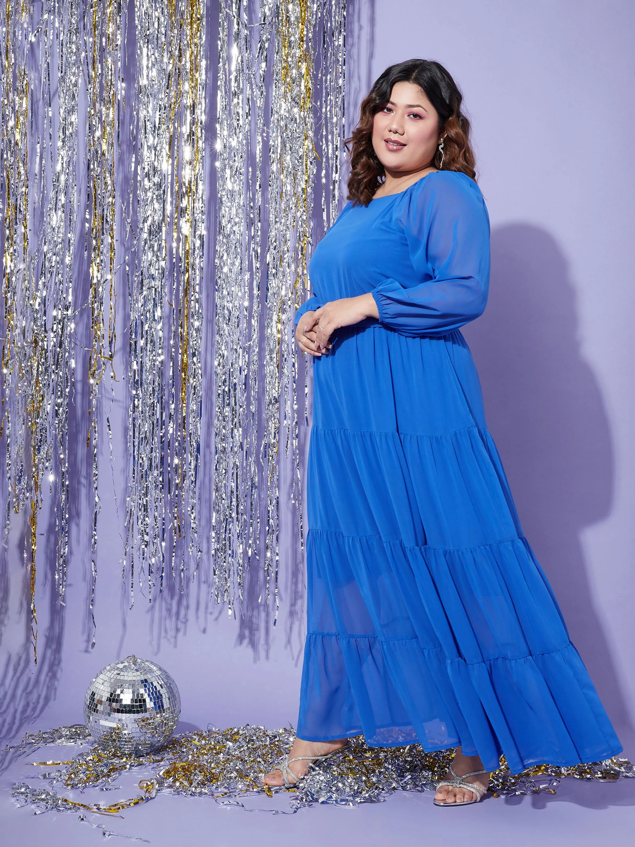 Women Blue Off Shoulder Tiered Maxi Dress - Image 5
