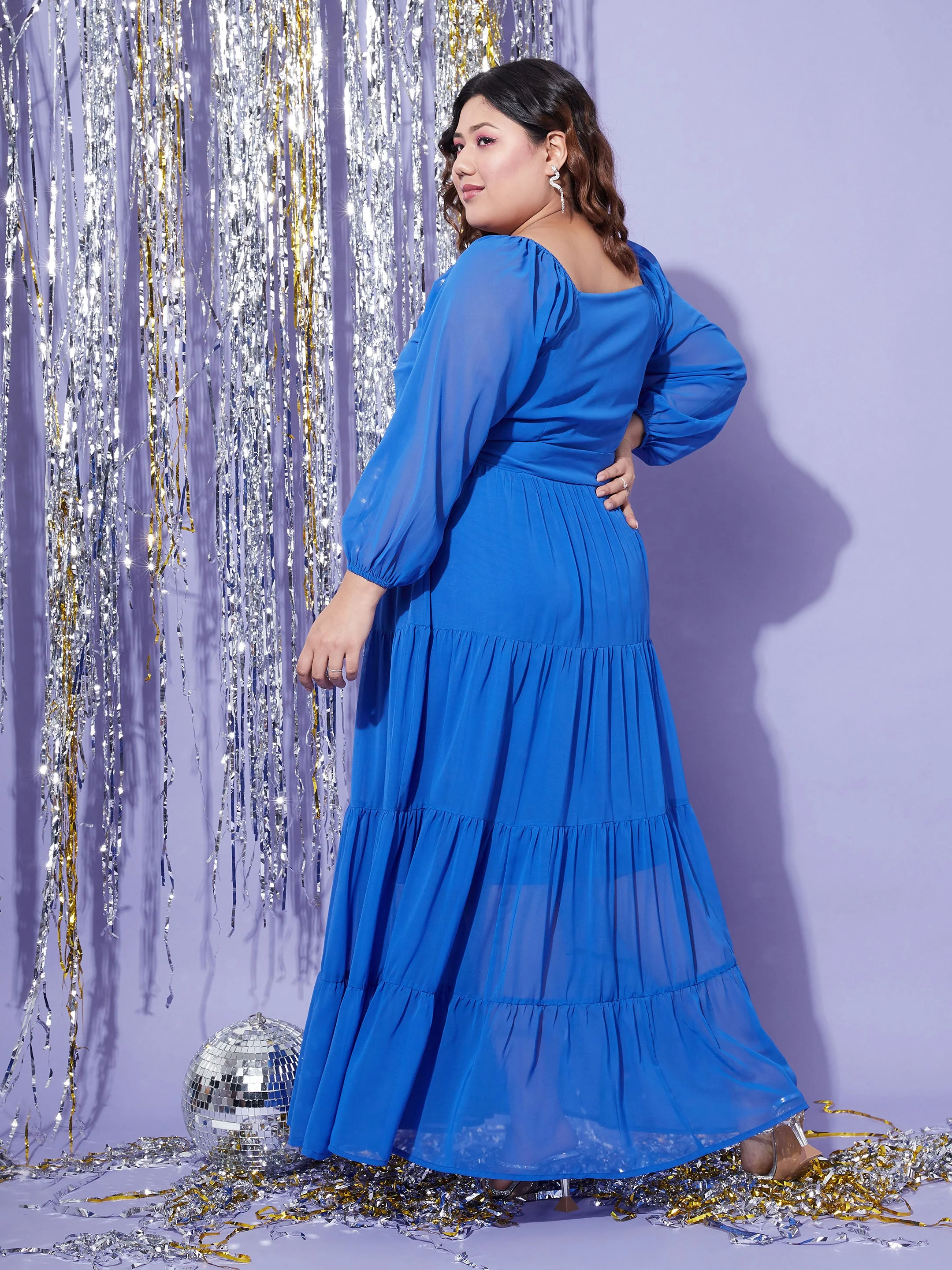 Women Blue Off Shoulder Tiered Maxi Dress - Image 6