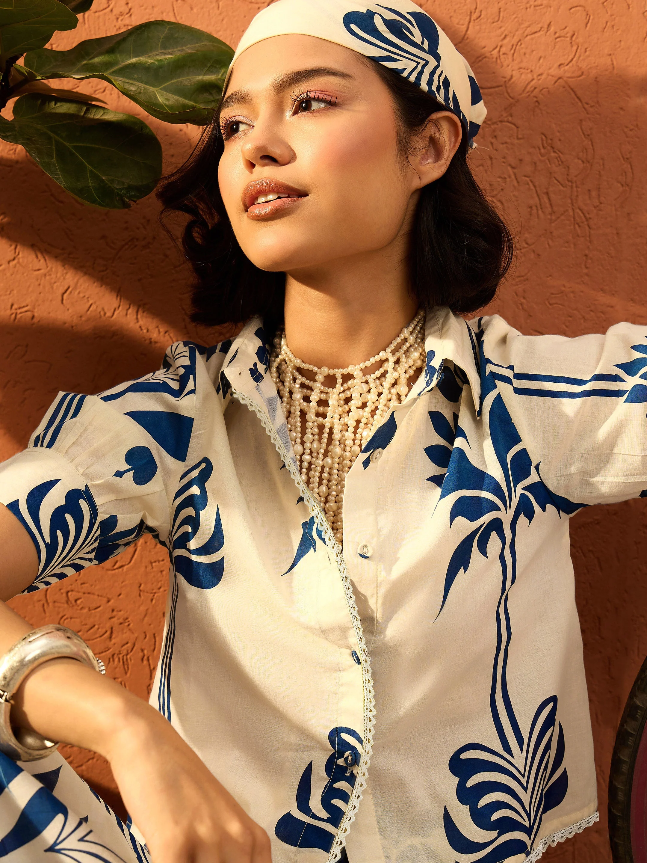 Women Blue & Off White Floral Shirt With Gathered Skirt - Image 3