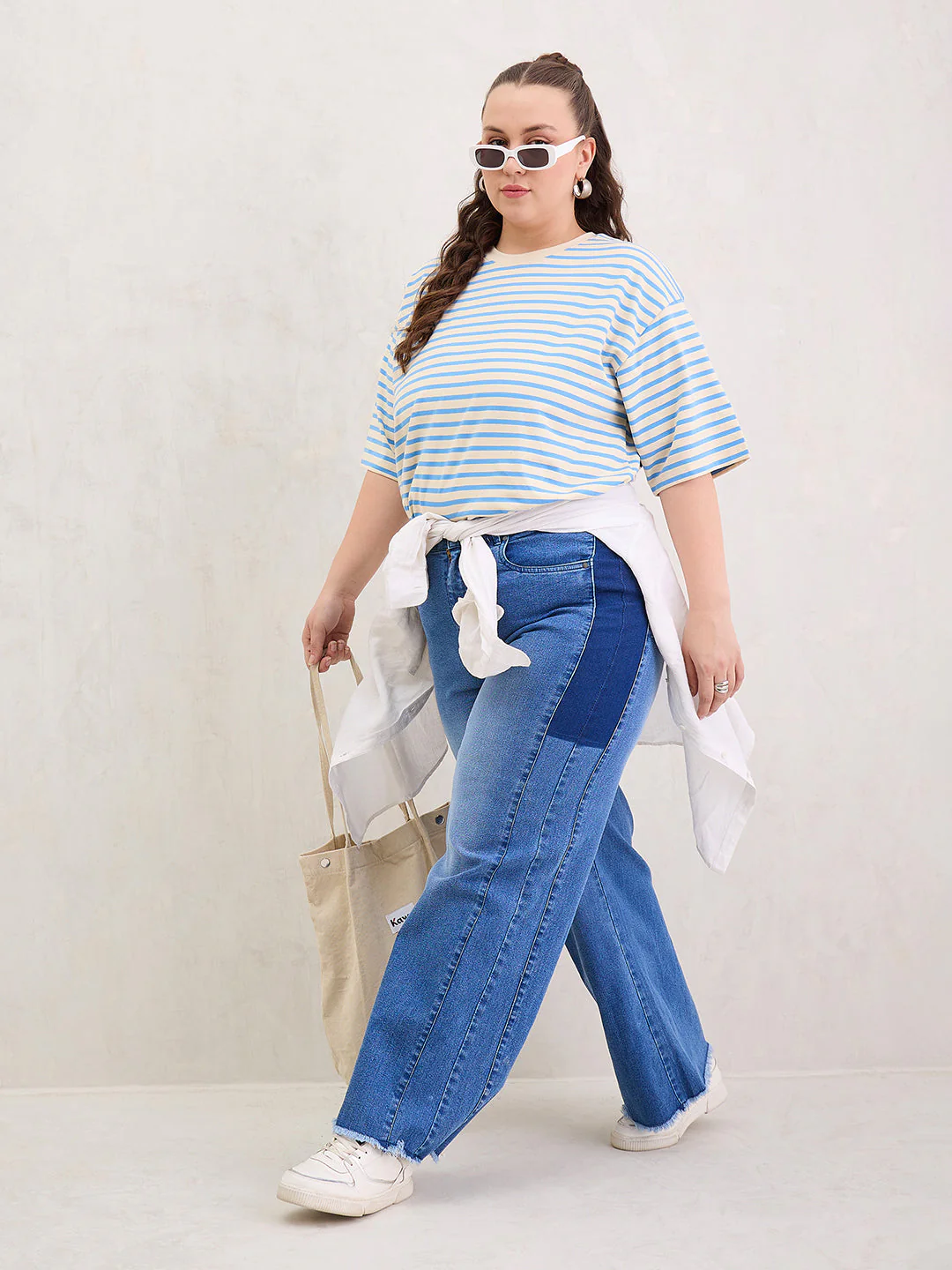 Women Blue & Off White Stripe Round Neck T-Shirt - Image 2