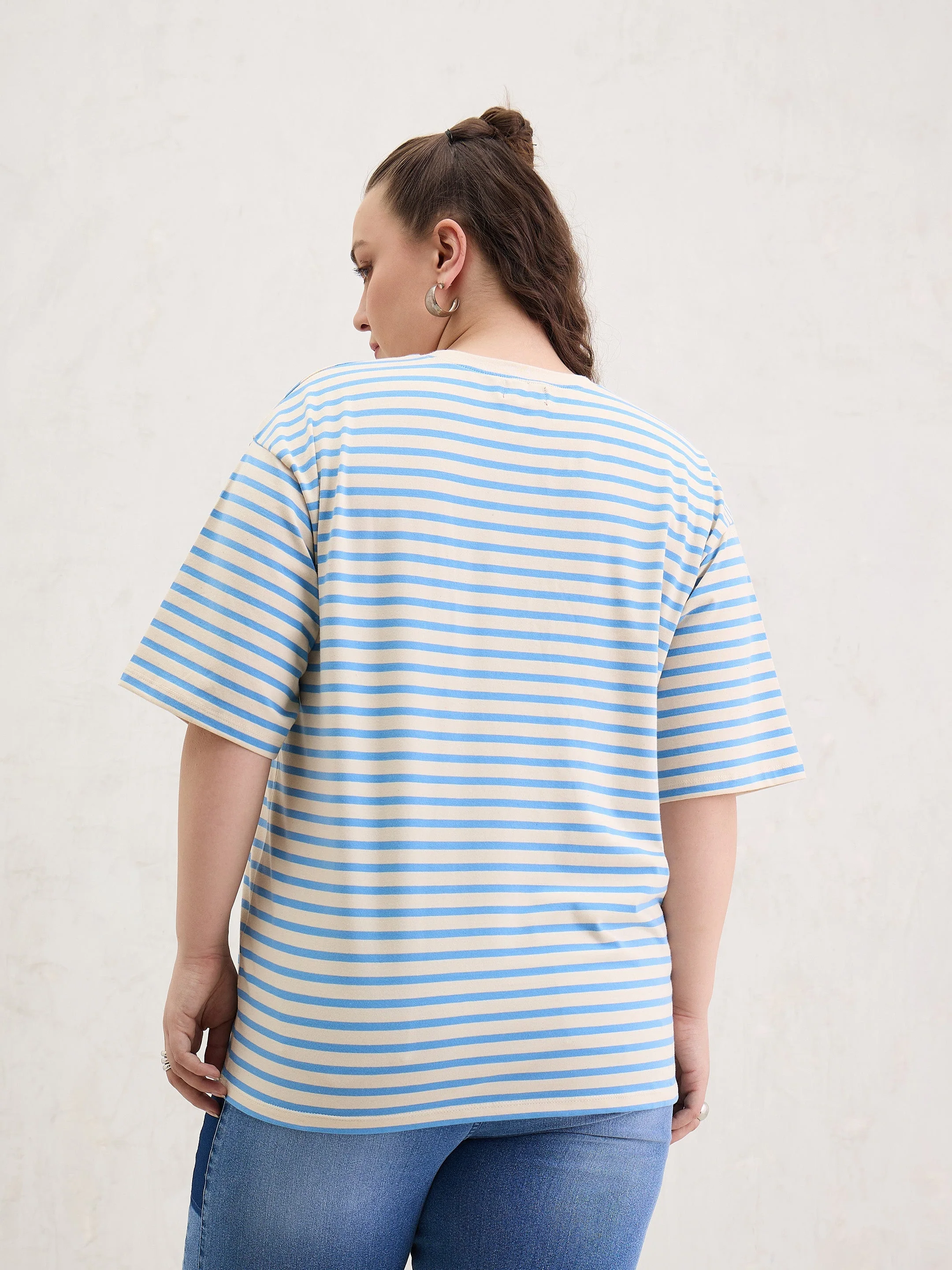Women Blue & Off White Stripe Round Neck T-Shirt - Image 5
