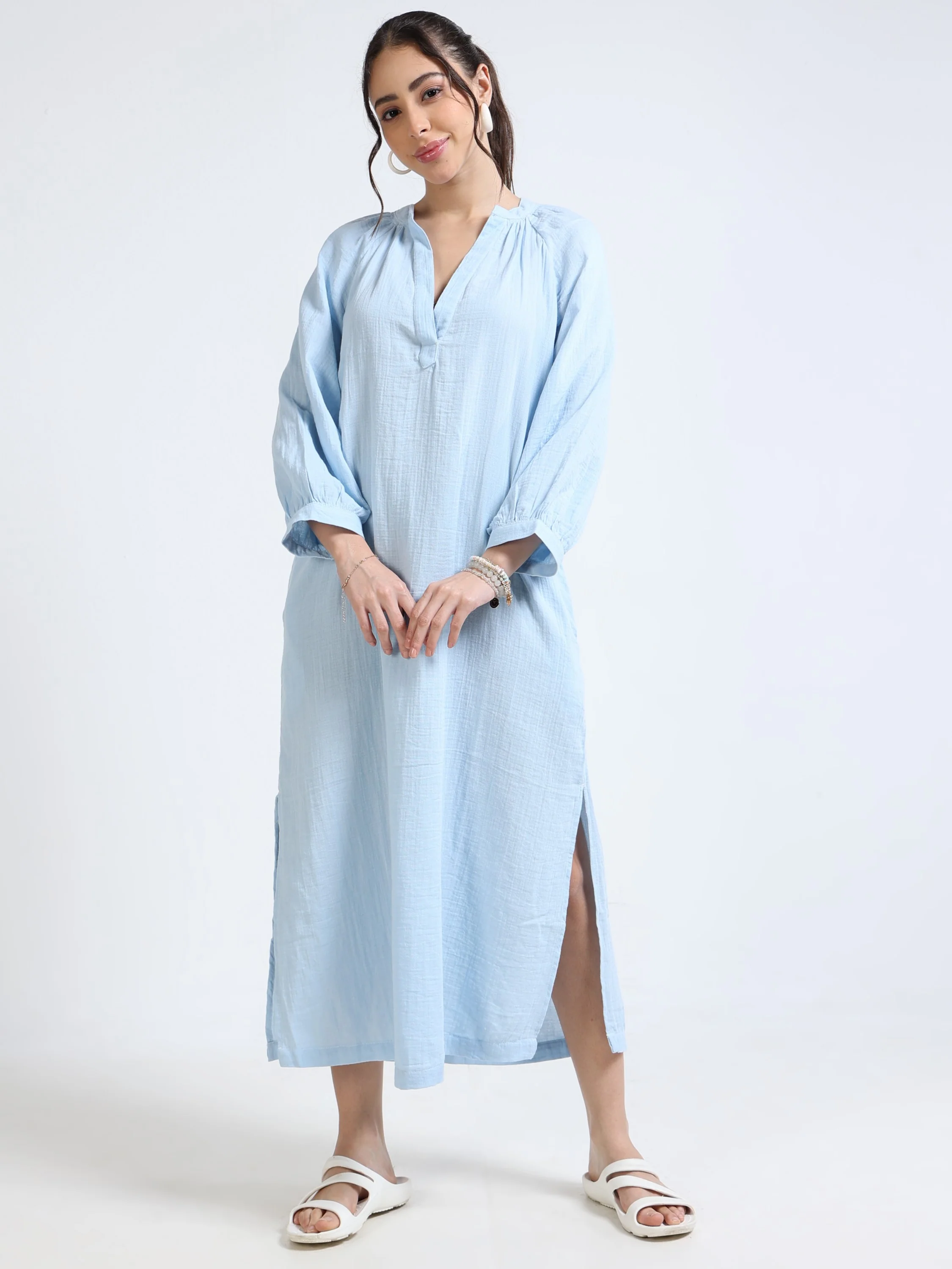 Women Blue Oversized Gauze Dress - Image 6