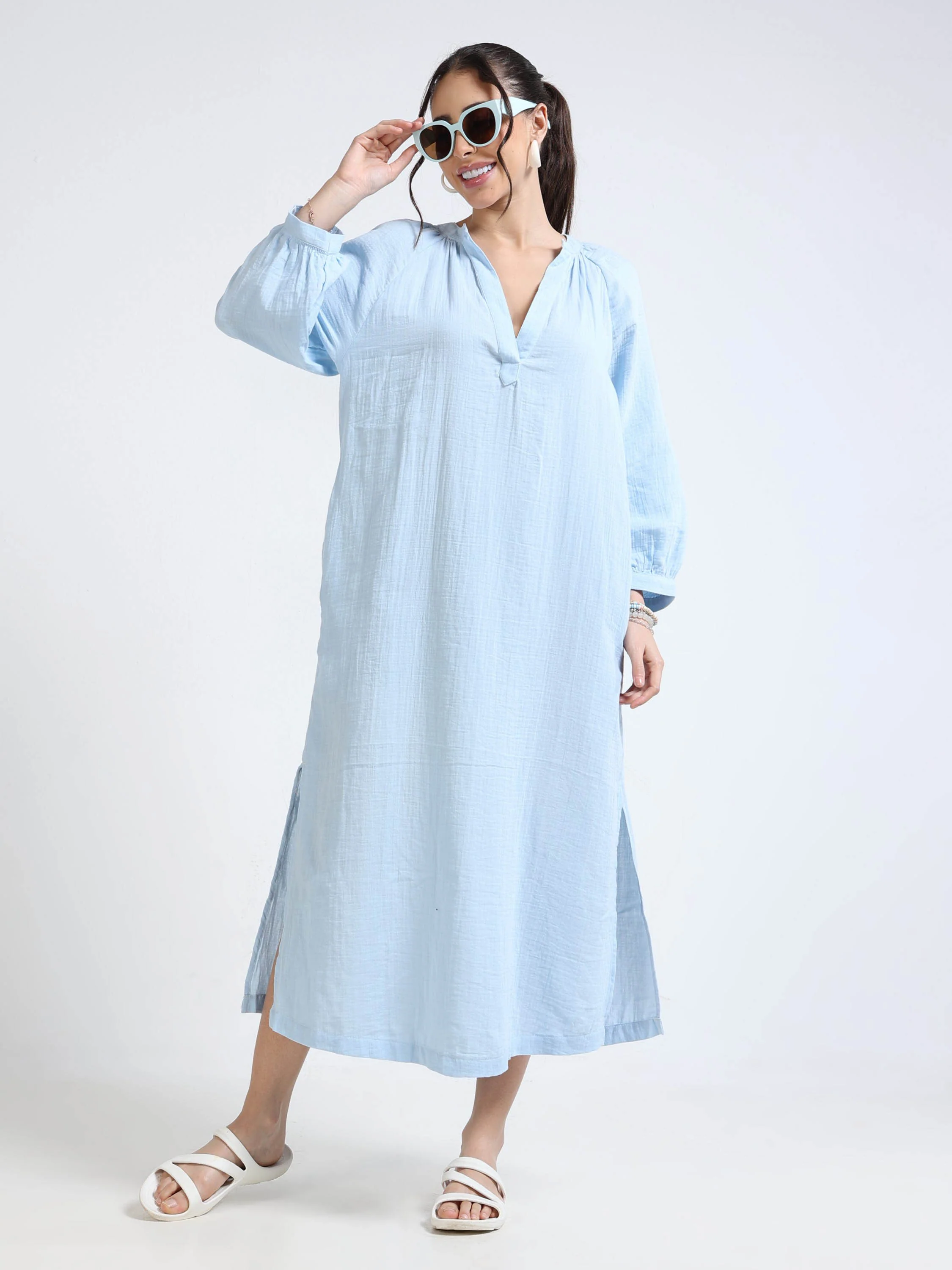 Women Blue Oversized Gauze Dress - Image 7