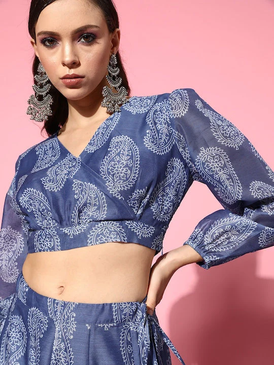 Women Blue Paisley Wrap Crop Top With Aanarkali Skirt - Image 3