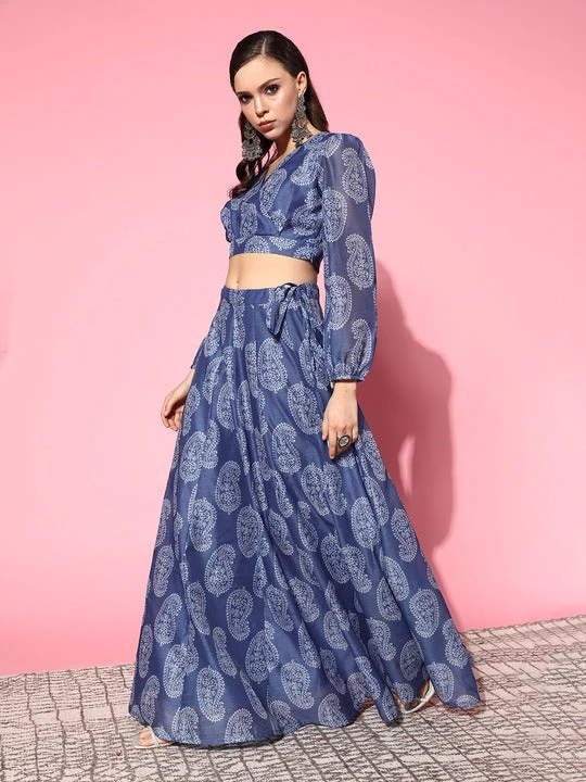 Women Blue Paisley Wrap Crop Top With Aanarkali Skirt - Image 5