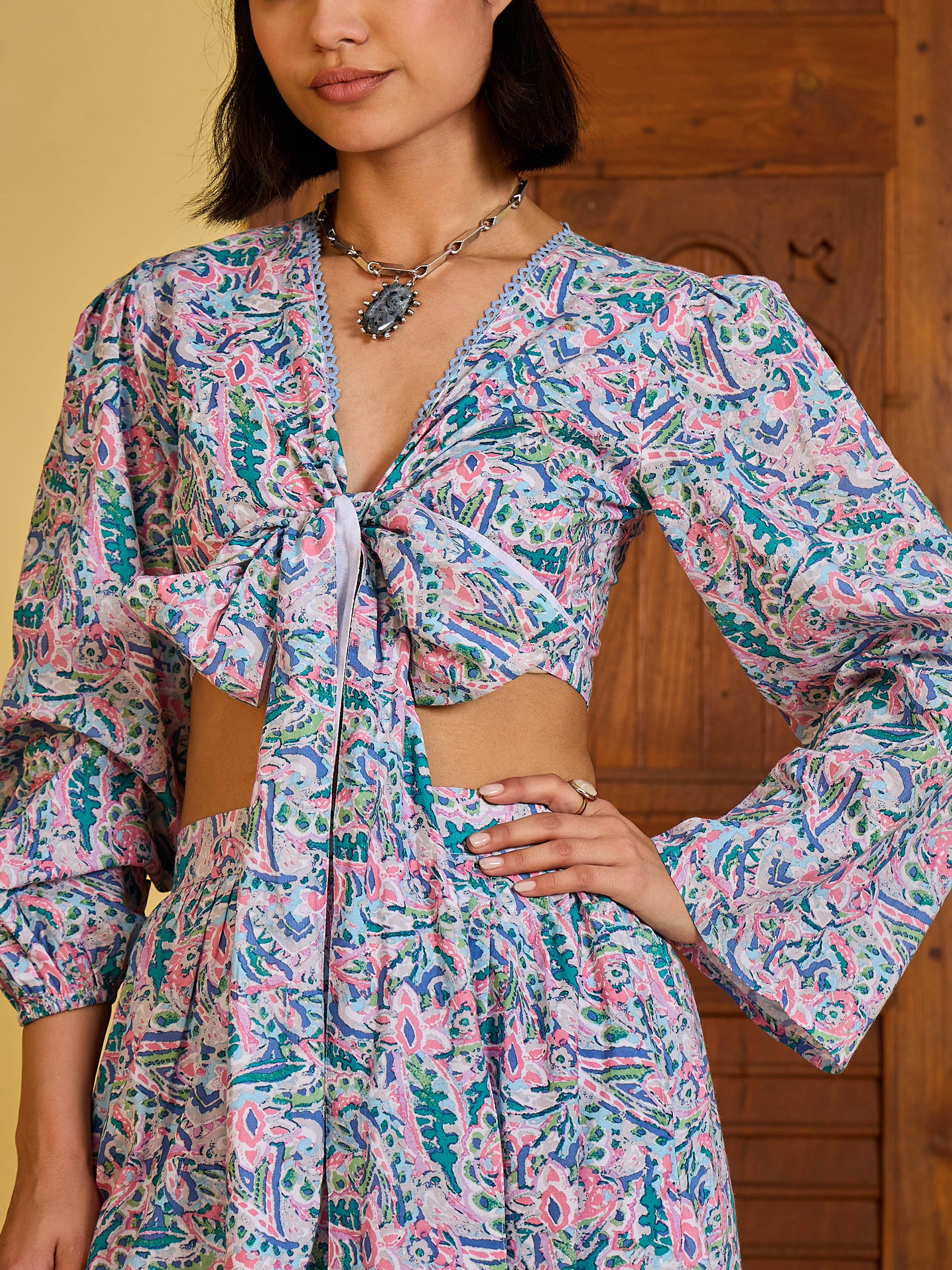 Women Blue Paisley Wrap Top With Tiered Skirt - Image 2
