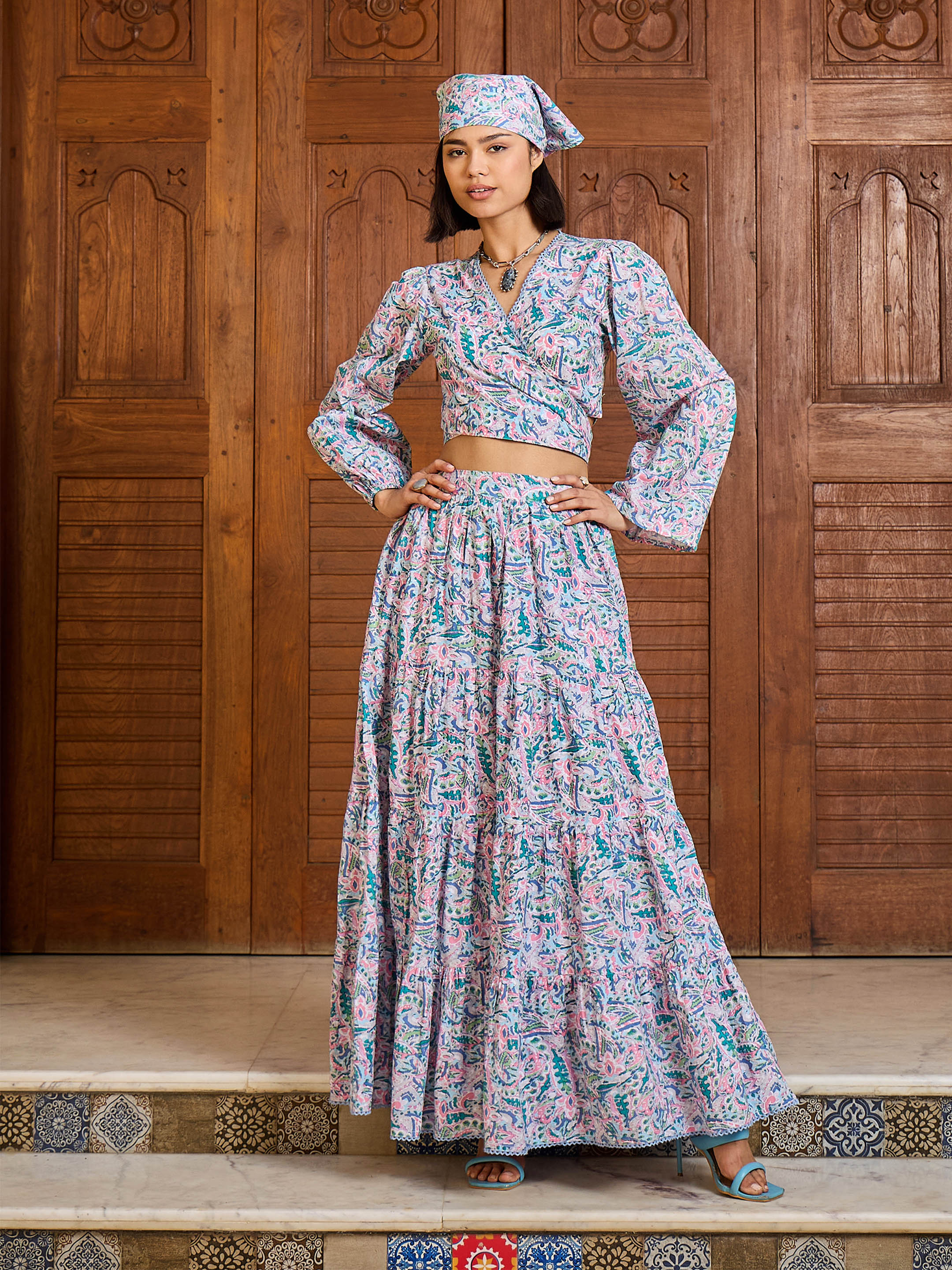 Women Blue Paisley Wrap Top With Tiered Skirt - Image 3