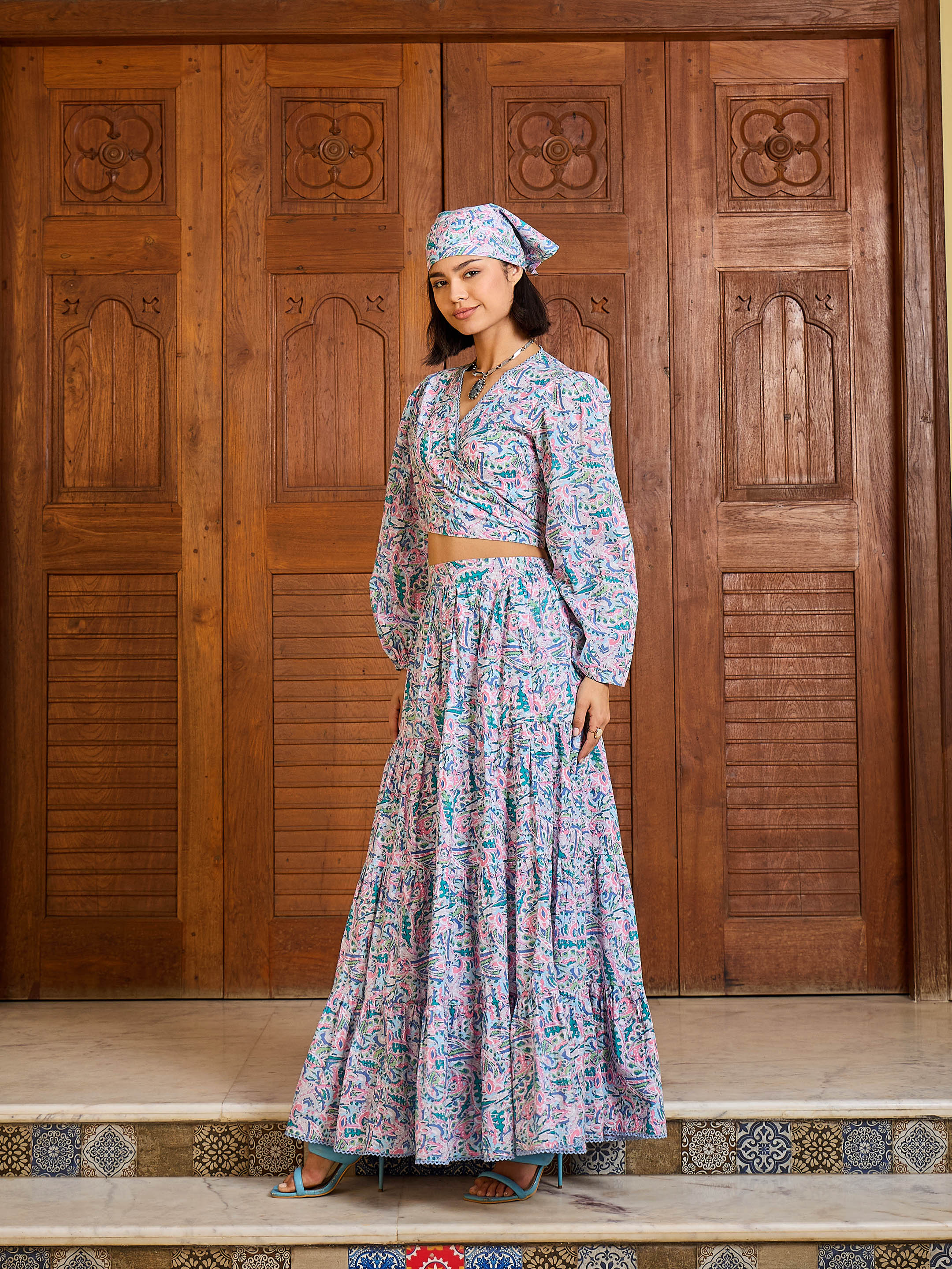 Women Blue Paisley Wrap Top With Tiered Skirt - Image 4