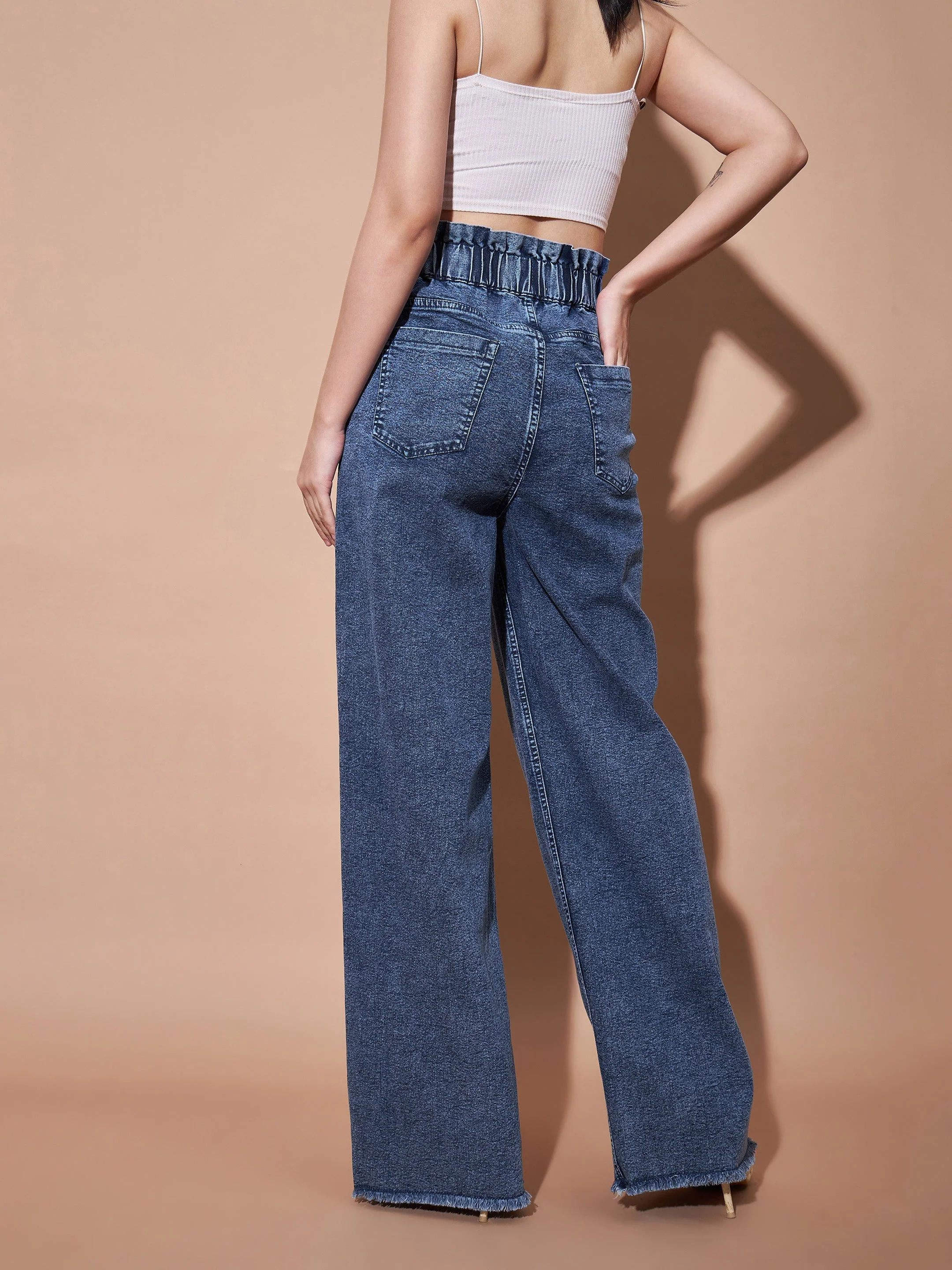 Women Blue Paper Bag Waist Straight Jeans - Image 2